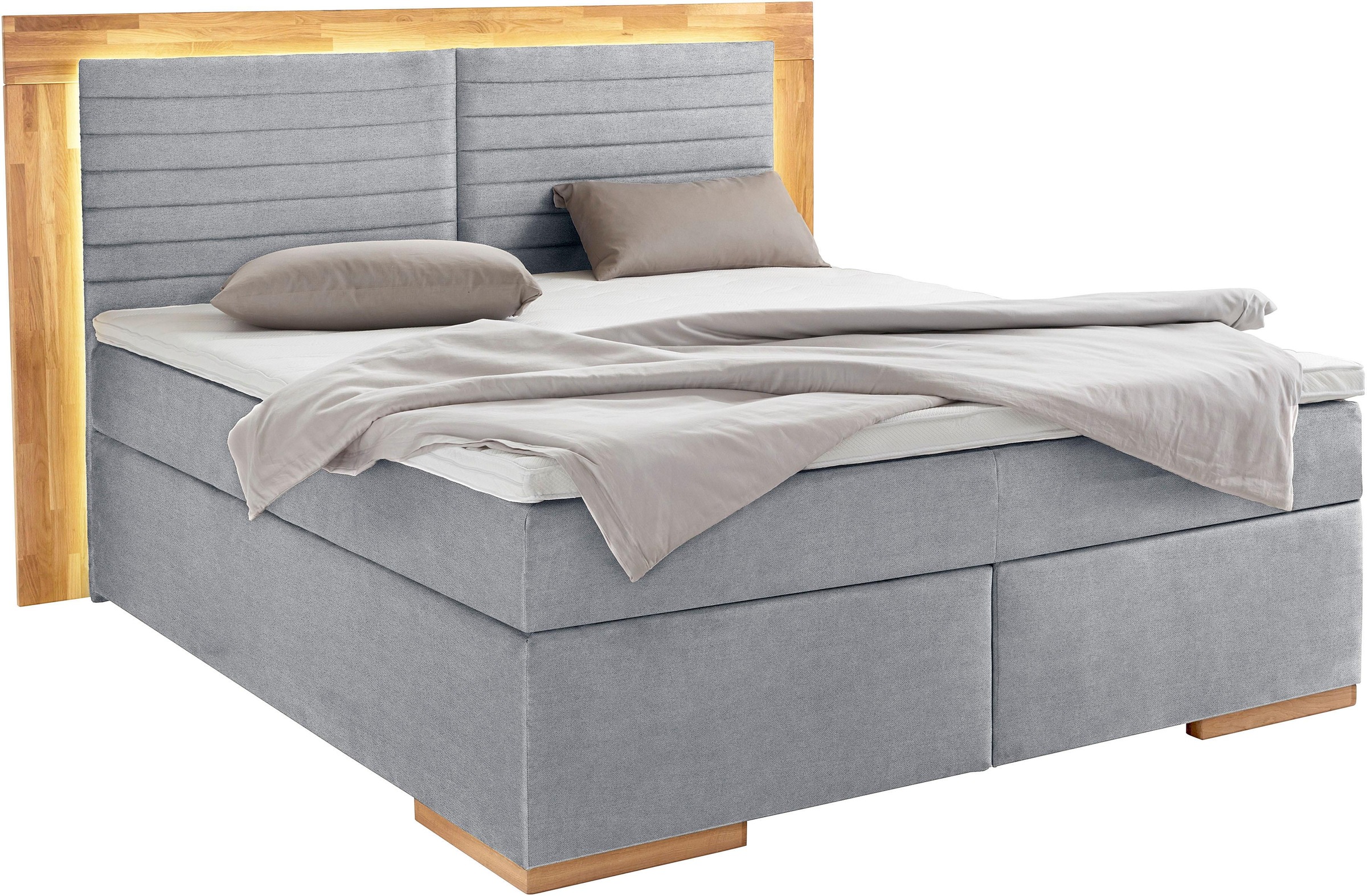 Boxspringbett HOME AFFAIRE "Cup", grau (light grau), B:210cm L:206cm, Bezug: Luxus-Microfaser (100% Polyester);Bezug: Microfaser (100% Polyester), Komplettbetten, Boxspringbett, mit LED-Beleuchtung, Massivholzrahmen und Topper, in 2 Härtegraden 9