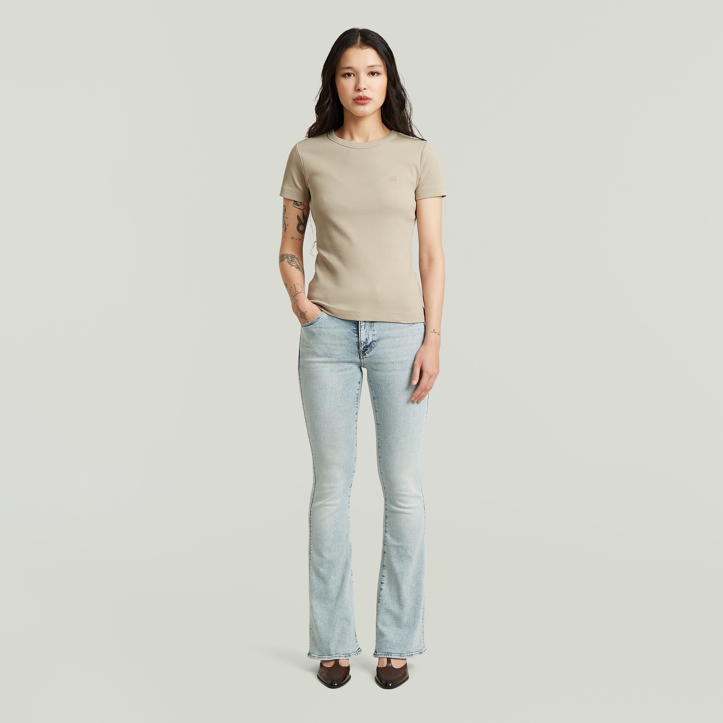 Bootcut-Jeans G-STAR "3301 Flare Wmn", Damen, Gr. 28, Länge 34, sun faded blau celestite, Denim/Jeans, Obermaterial: 89% Baumwolle, 9% Polyester, 2% Elasthan, bootcut fit normal, Jeans, aus Stretch-Denim 3