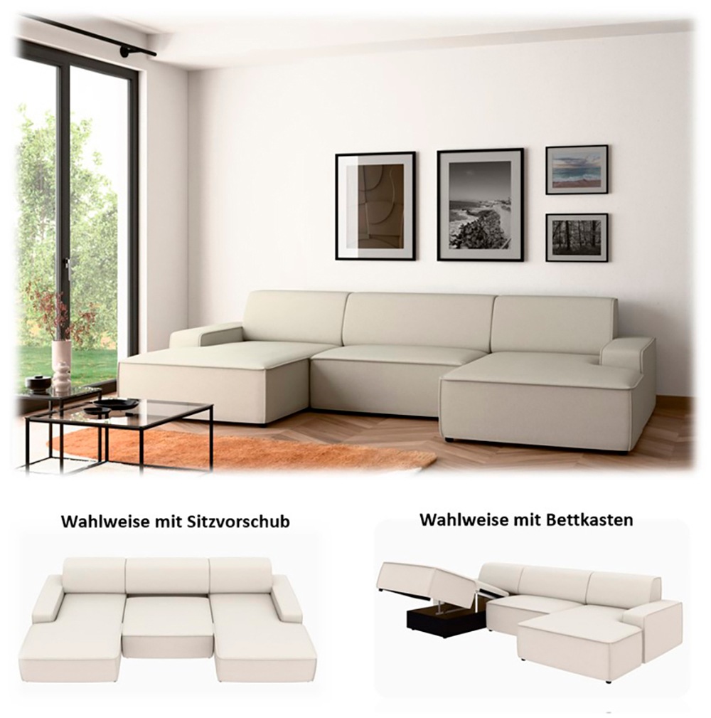 TRENDMANUFAKTUR Wohnlandschaft »Graz, wahlweise mit Sitzvorschub und Bettkasten, U-Form, Breite 329 cm«, in Cord-, haustierfreundlichem LEO Struktur- oder LUMOS-3D-Bezug