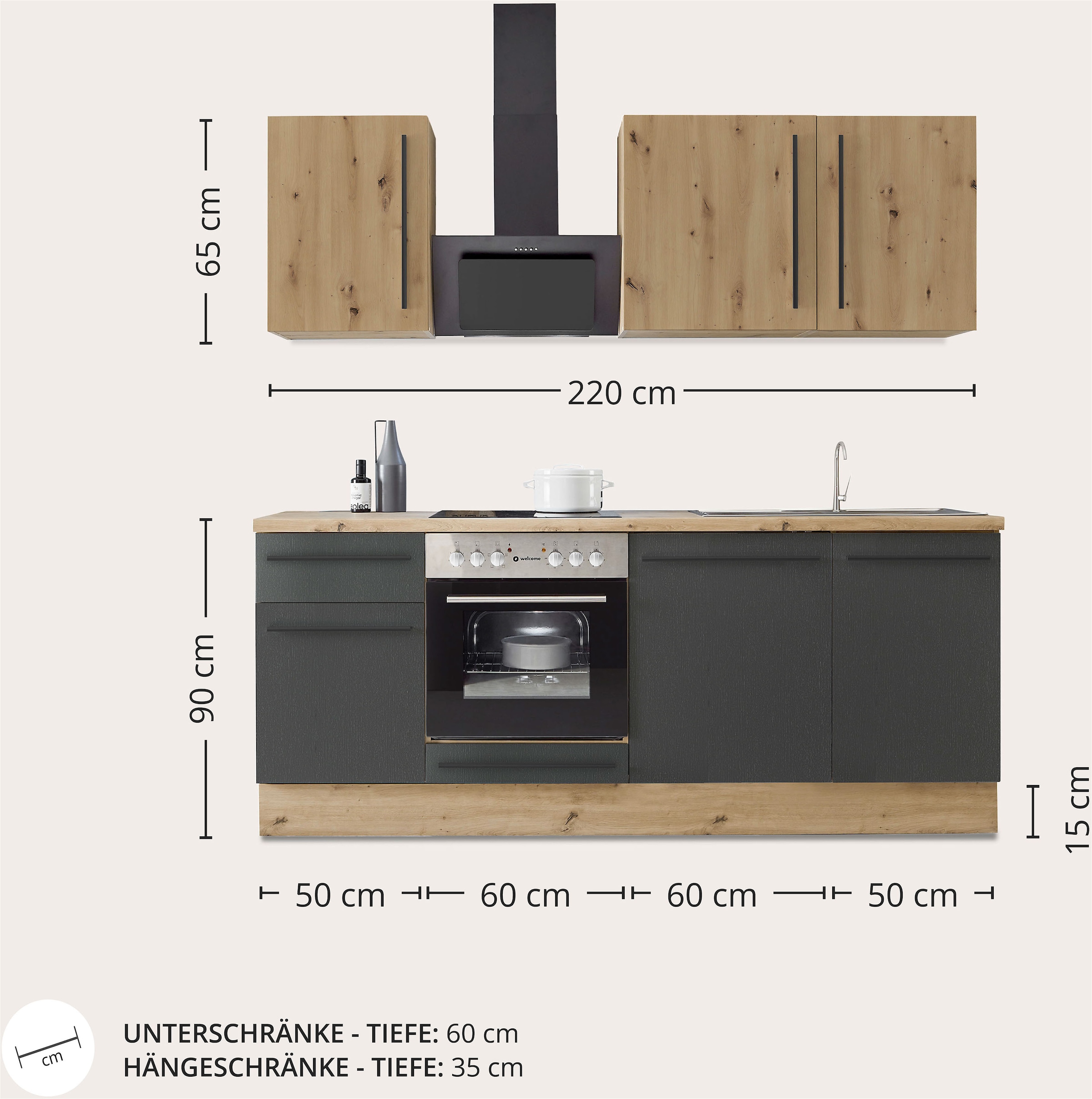 KOCHSTATION Küchenzeile »Florida mit 38mm starker Arbeitsplatte«, Breite 220 cm, wahlweise mit E-Geräten, Soft-Close-Funktion