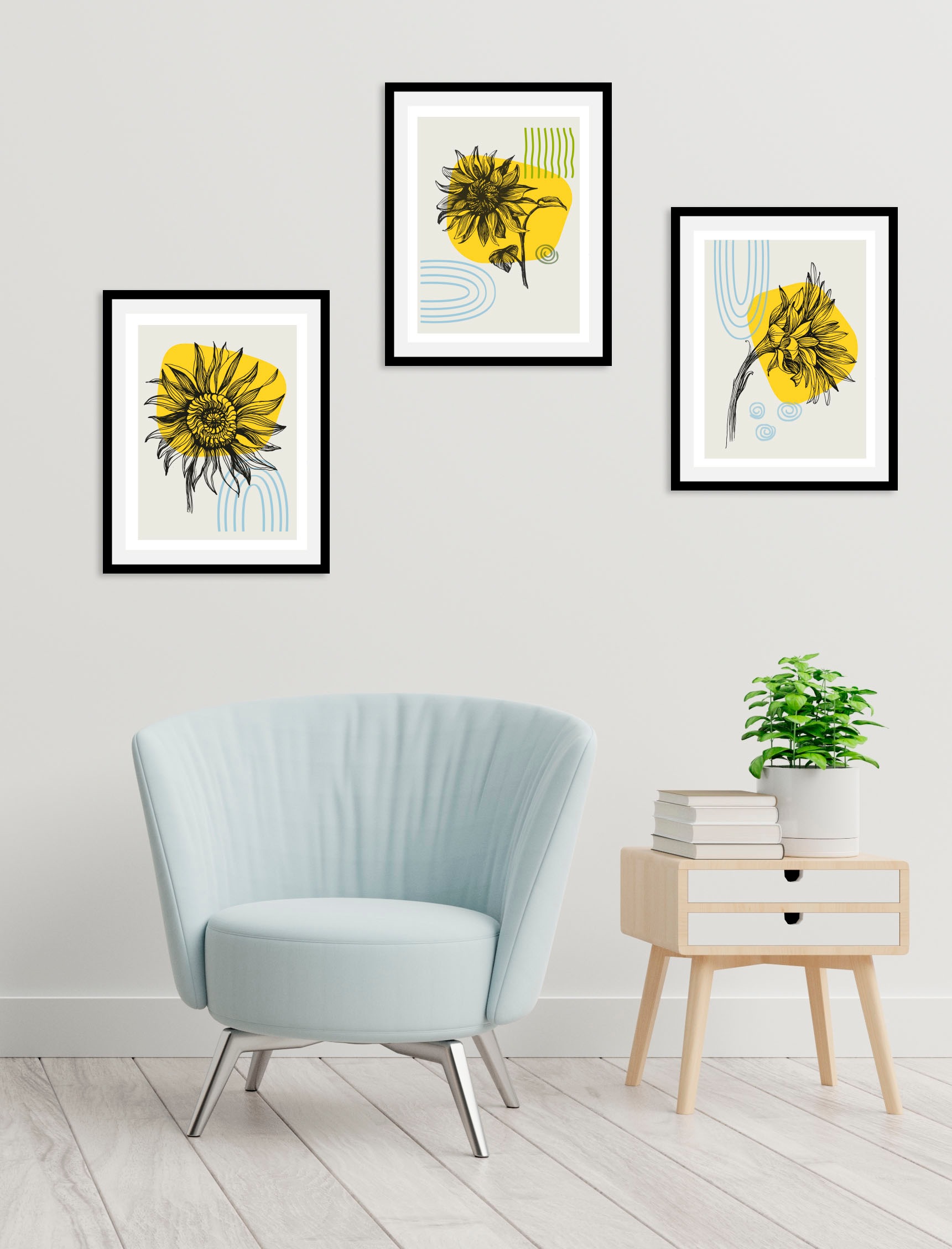 queence Bild "Set Sunflower" Abstrakt Blumen Figuren Kunst Pflanzen Pflanzenbilder 1 Stk. tlg. gerahmt