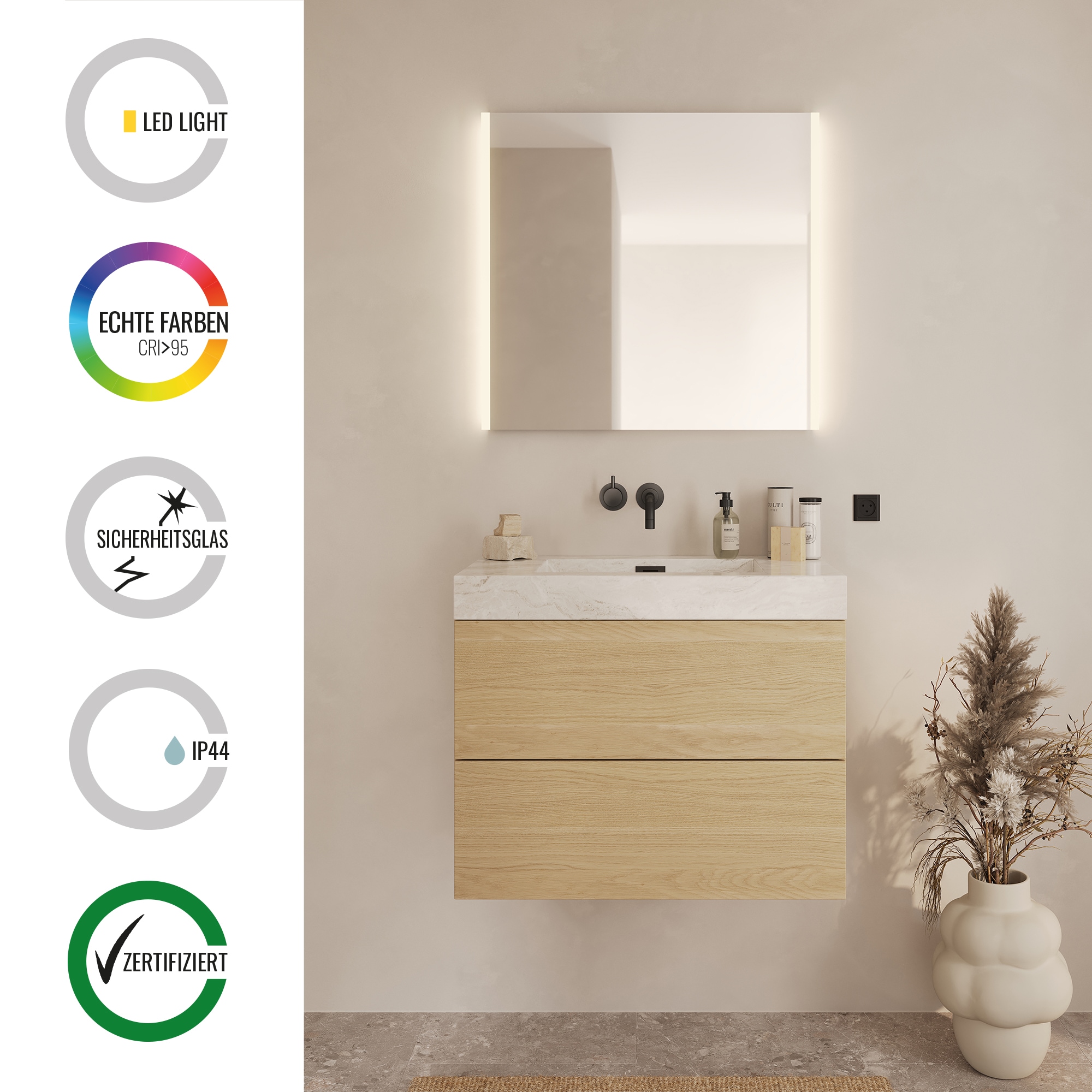 Loevschall Badspiegel »Lago, Spiegel Bundle inkl. Schminkspiegel, Badezimmerspiegel«, x5 Kosmetikspiegel, LED Beleuchtung, Einstellbar, Dänisches Design
