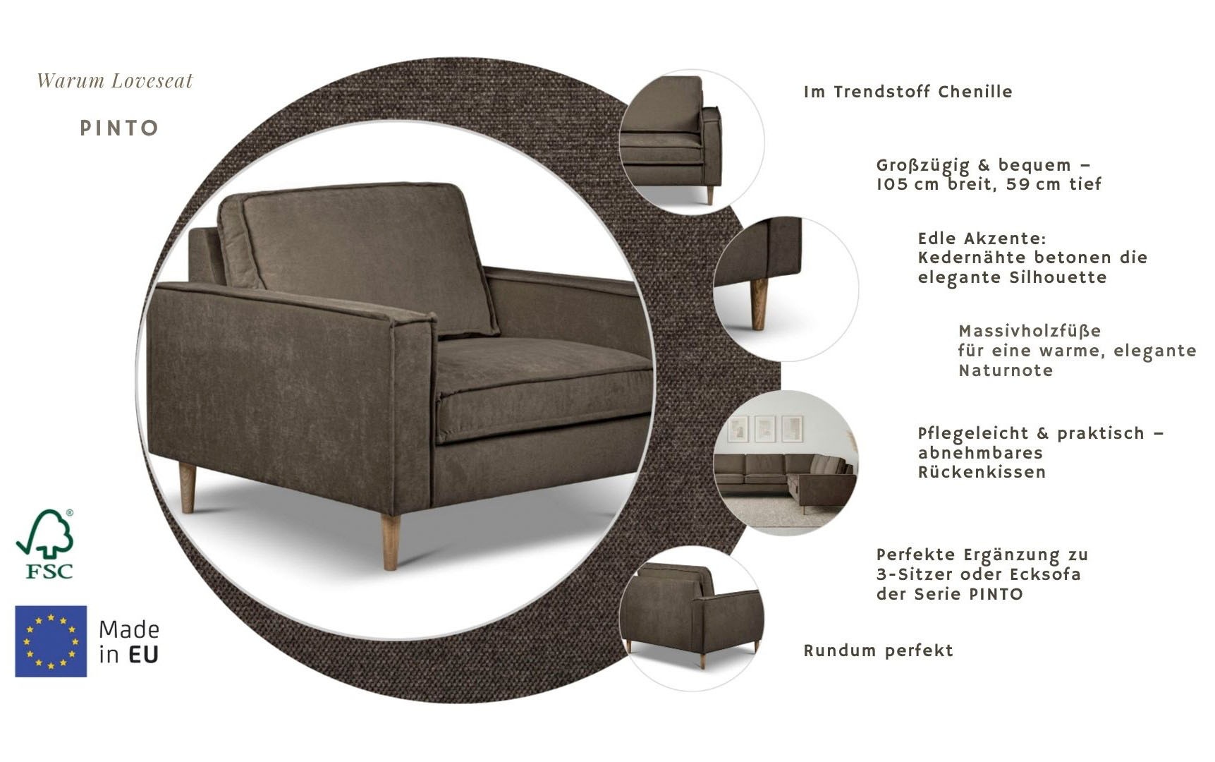 Home affaire Loveseat »Pinto Skandi 105 cm, Chenille, Struktur« mit Keder, Massivholzfüße Eiche geräuchert