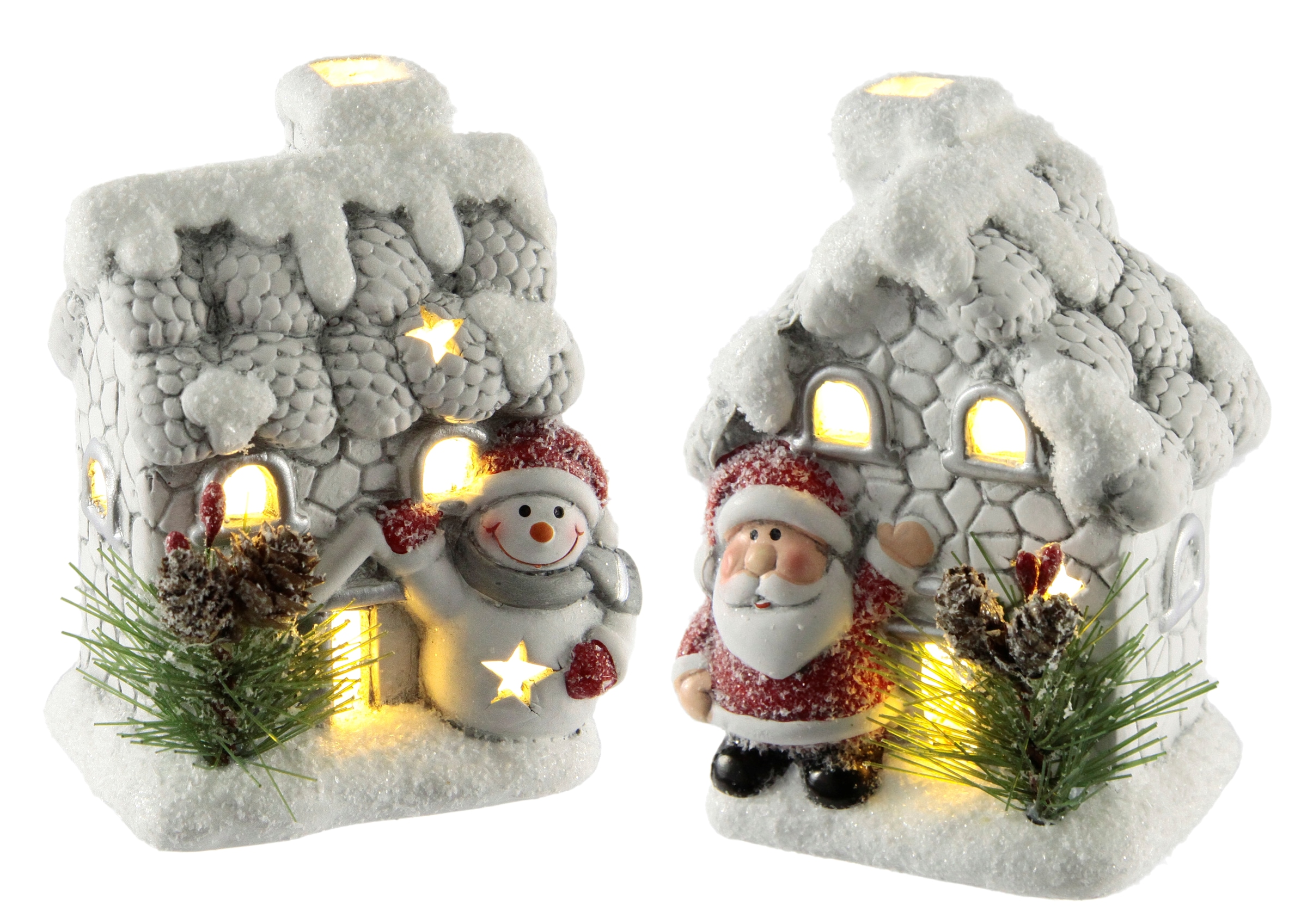 LED-Dekofigur »Haus mit Schneemann Nikolaus LED-Licht«, 2er Set Häuser Deko Lichthaus...