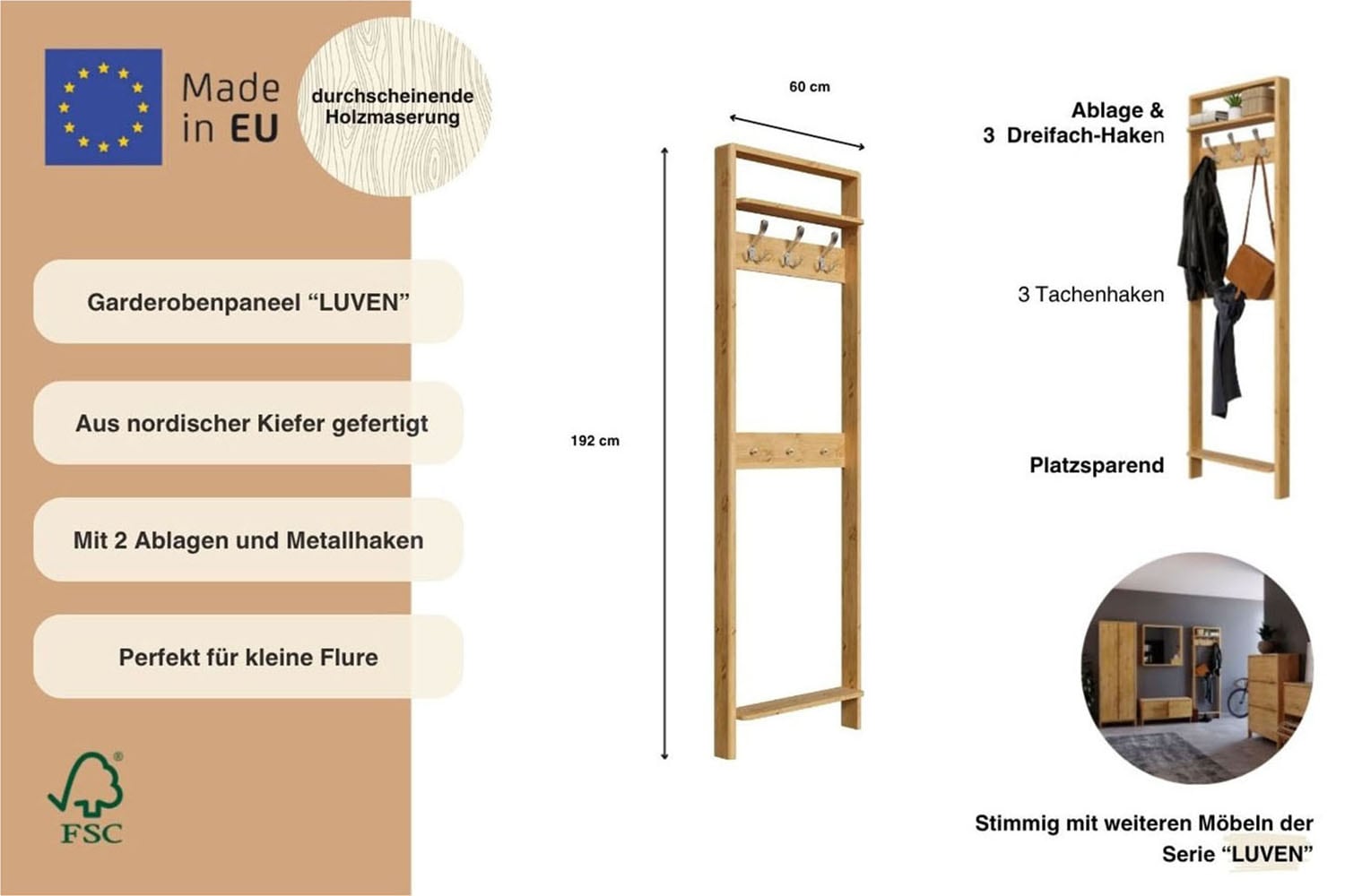 Home affaire Garderobenpaneel »Luven« FSC® zertifiziertes Massivholz