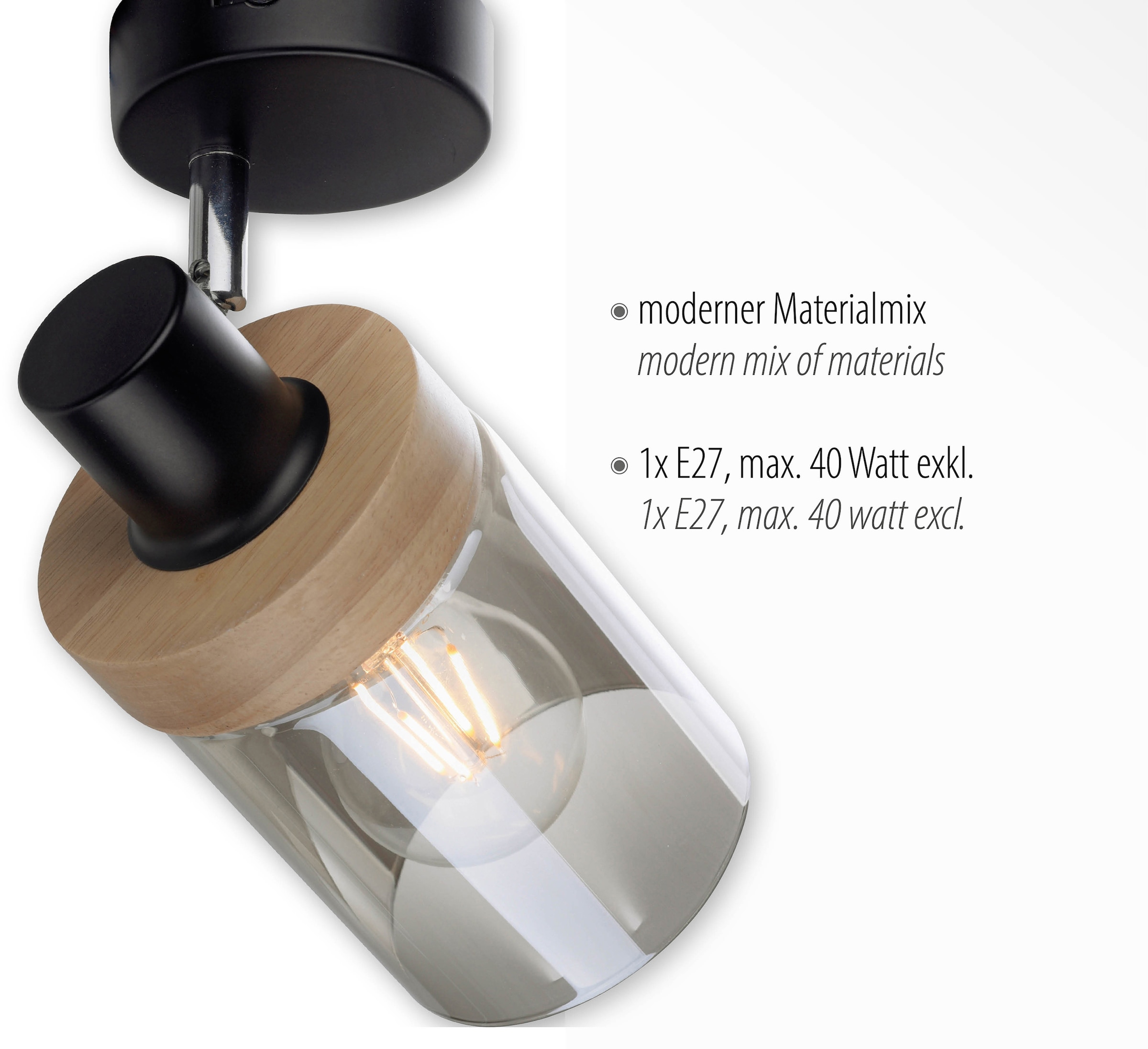 Home affaire Wandleuchte »Tendon«, 1 flammig, Leuchtmittel E27 | ohne Leuchtmittel, Wandlampe, Glas, Holz, Rauchglas, geeignet für Leuchtmittel - E27