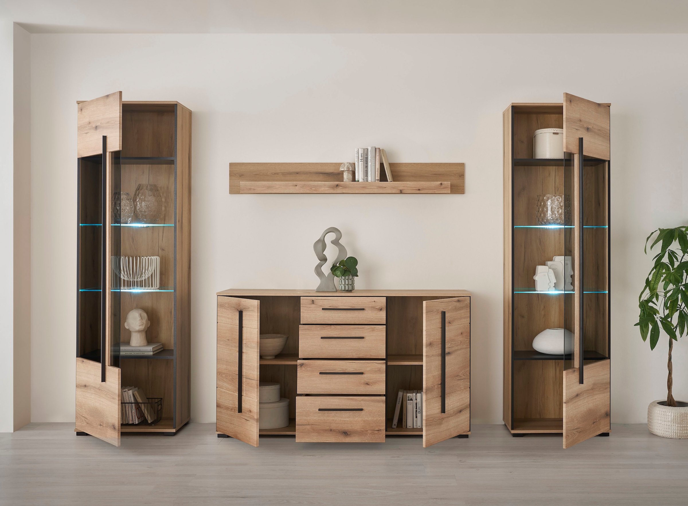 INOSIGN Wohnwand »Cantara, moderne Anbauwand, Wohnzimmer-Set, in Eiche Evoke oder Weiß«, (Set), enthält zwei Vitrinen, ein Sideboard und ein Wandboard