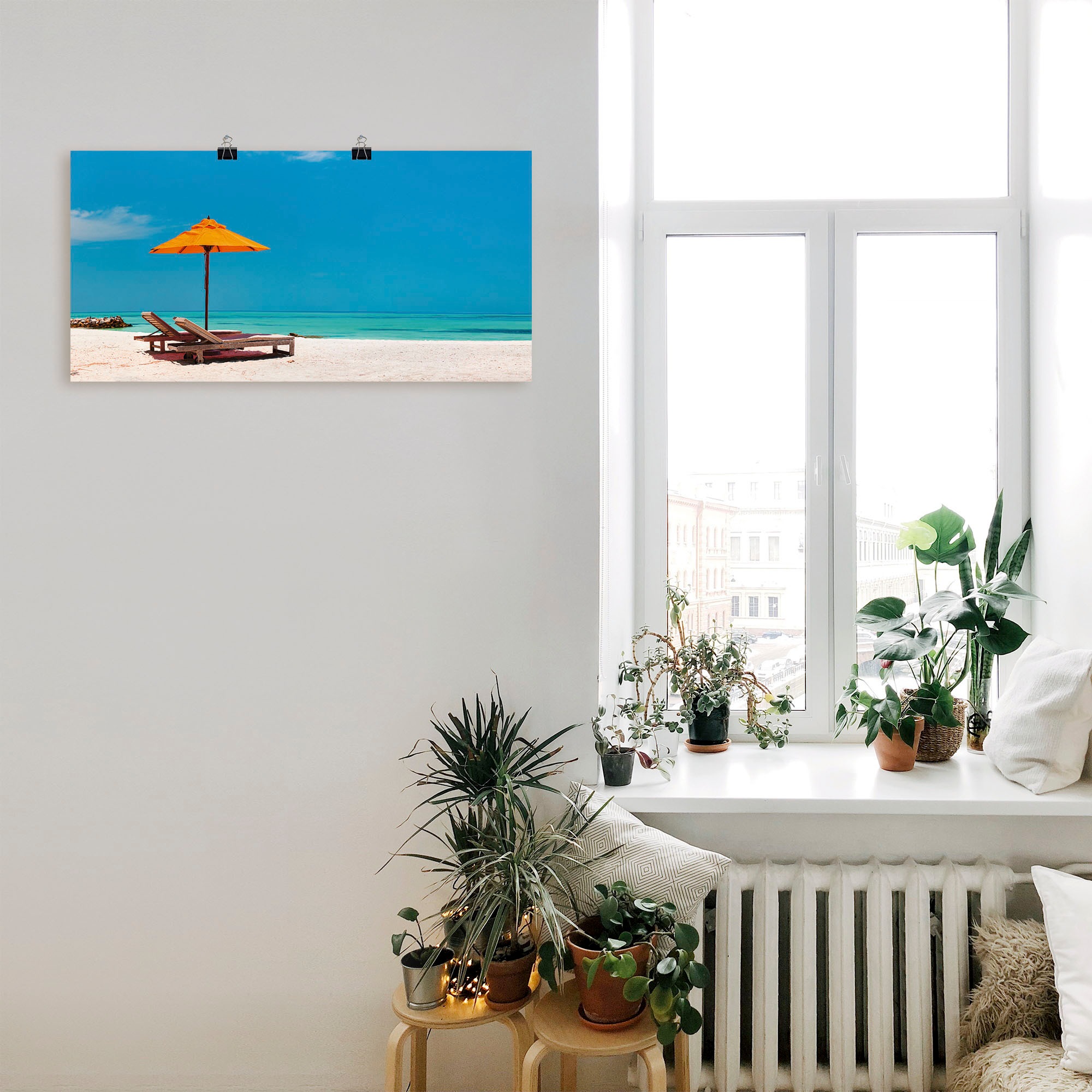 Artland Wandbild »Liegestuhl Sonnenschirm Strand Malediven«, Strand, (1 St.), als Alubild, Outdoorbild, Leinwandbild, Poster, Wandaufkleber