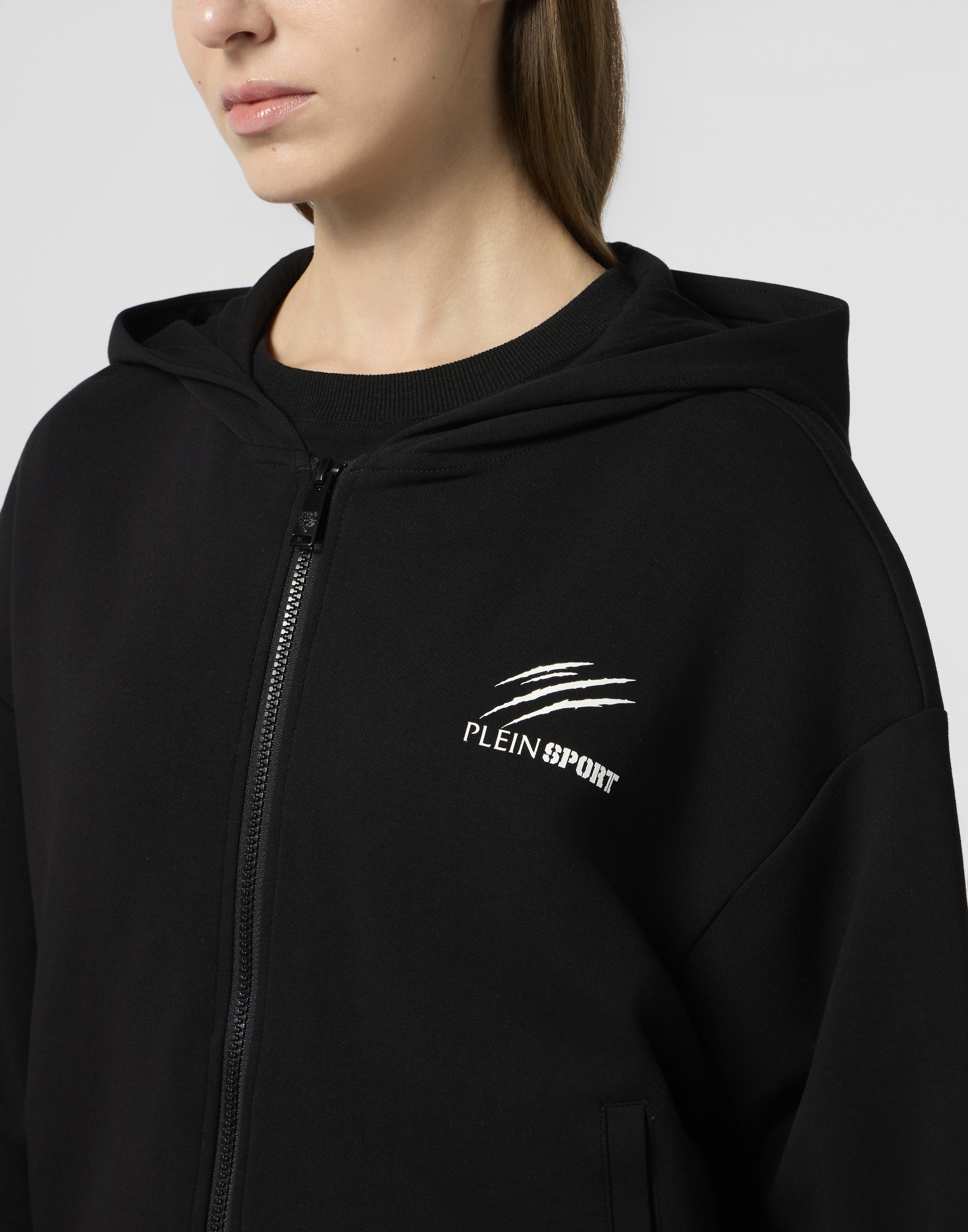 Kapuzensweatjacke PLEIN SPORT "Zip Hoodie Icon Scratch", Damen, Gr. S, 02, schwarz, Obermaterial: 59% Baumwolle, 35% Polyester, 6% Elasthan, Sweatjacken 2