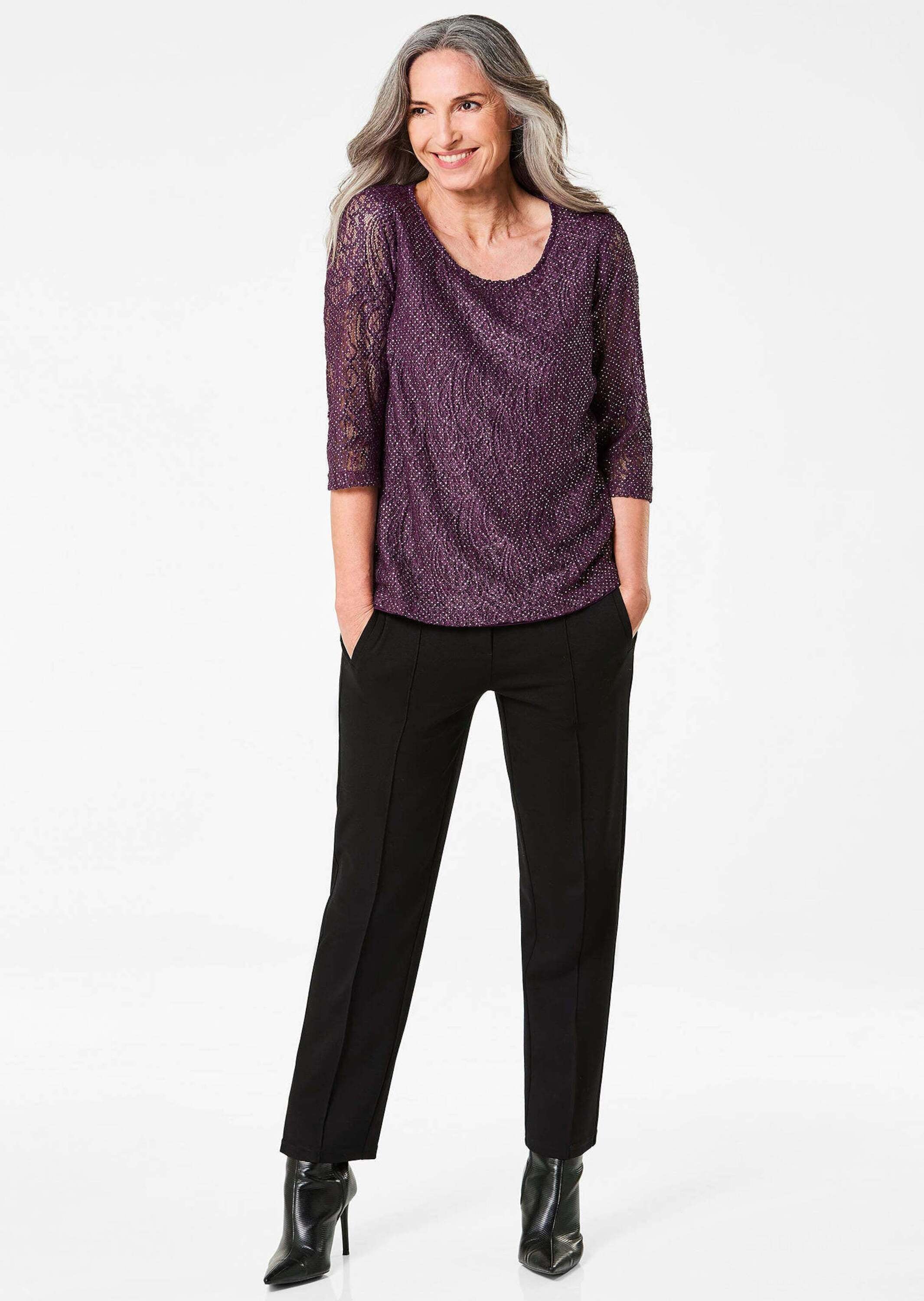 GOLDNER Kurzarmbluse »Kurzgröße Elegantes Blusenshirt mit Glanzeffekt« Blickdicht durch eingearbeitetes Top