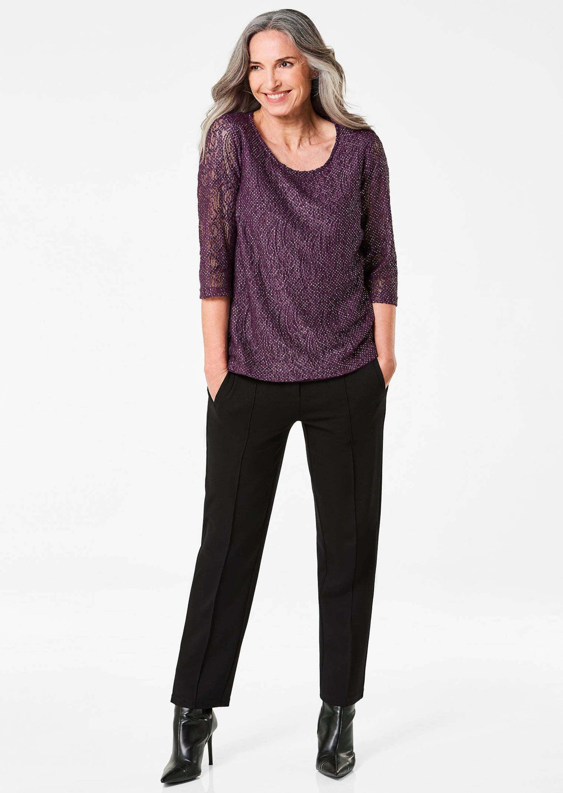 GOLDNER Kurzarmbluse "Kurzgröße Spitzenbluse mit zartem Glanz" günstig online kaufen