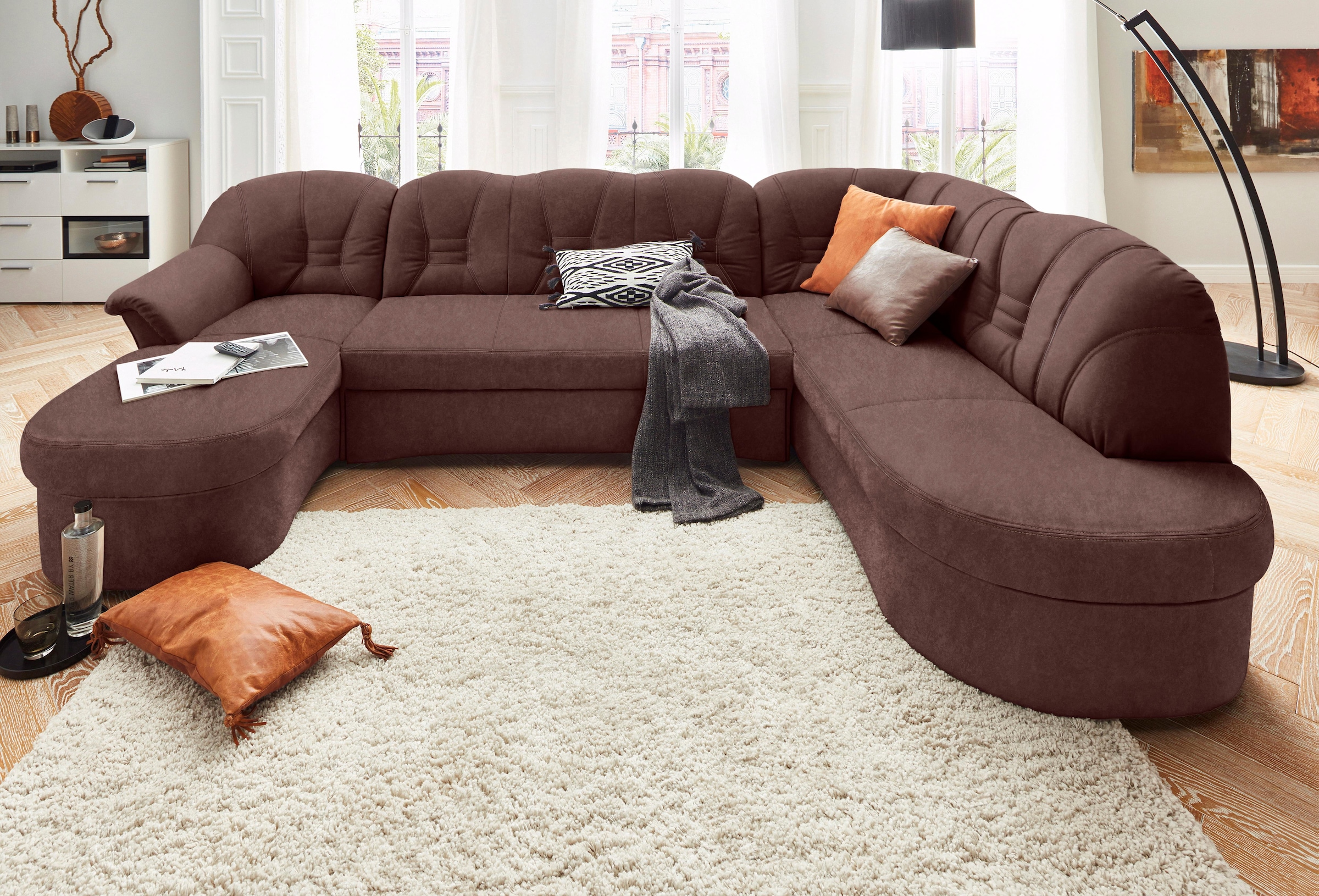 DOMO collection Wohnlandschaft "ELVA 293x180x84 cm, elegante Rückensteppung, U-Form" whlw. mit Bettfunktion und Federkern