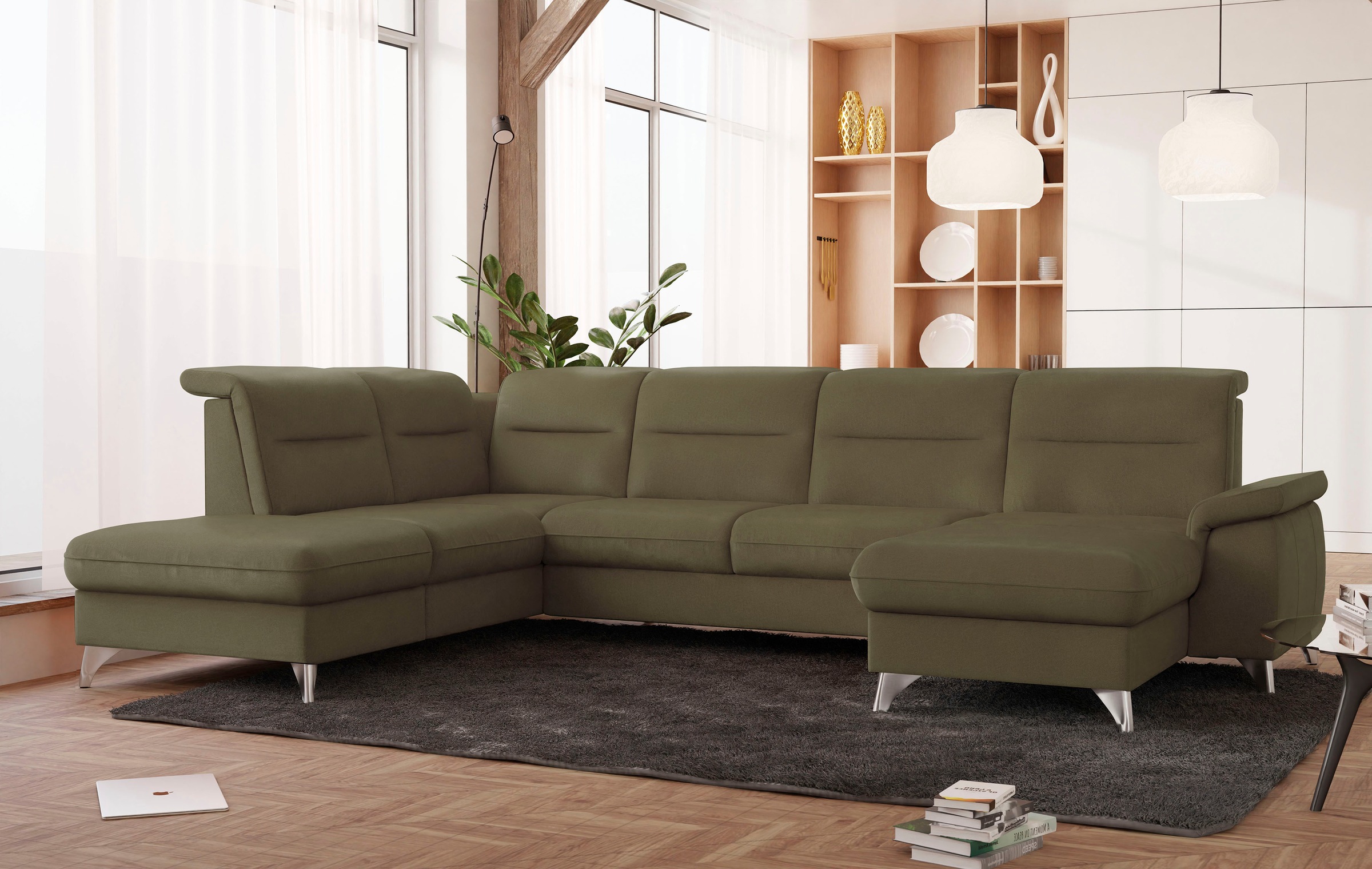 Wohnlandschaft SIT & MORE "Astoria U-Form", grün (olive), B:327cm H:91cm T:225cm, 100% Polyester, Sofas, Wohnlandschaft, wahlweise mit motorischer Relaxfunktion