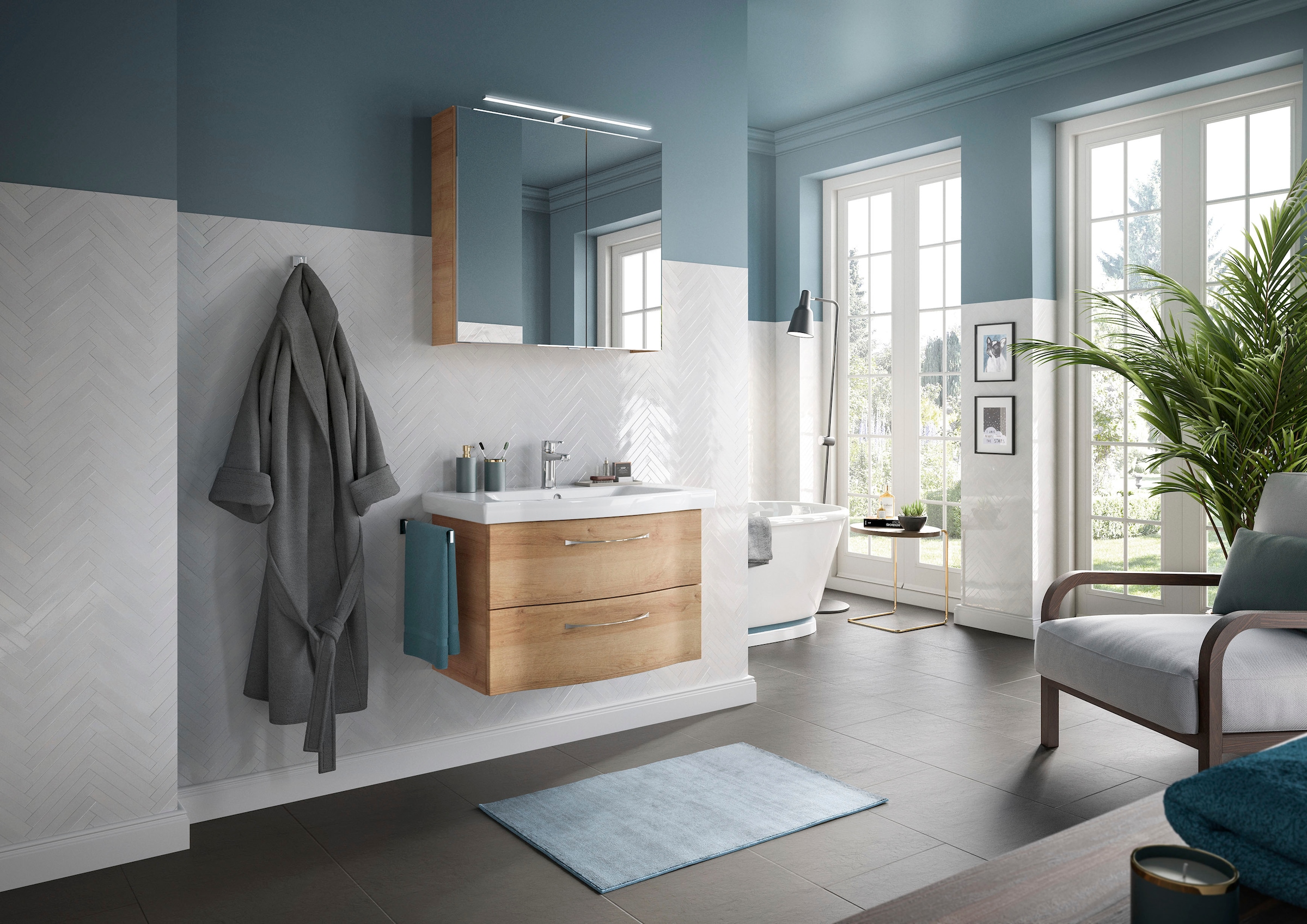 Saphir Spiegelschrank »6005 Sprint Badschrank, 2 Spiegeltüren, 2 Einlegeböden, 75 cm breit«, inkl. LED-Beleuchtung, Türdämpfer, Schalter-/Steckdosenkombination