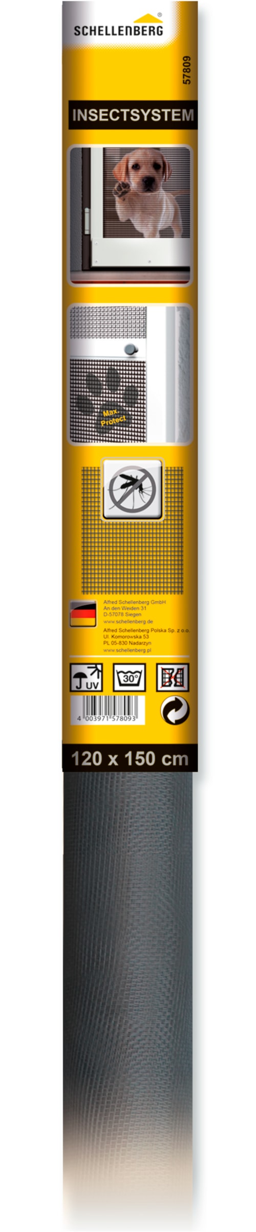 SCHELLENBERG Fliegengitter-Gewebe "Max Protect, kratzsicheres Fliegengitter", B/H: 120cm x 150cm, 1er Pack, grau, Insektenschutzgitter, für Fenster,