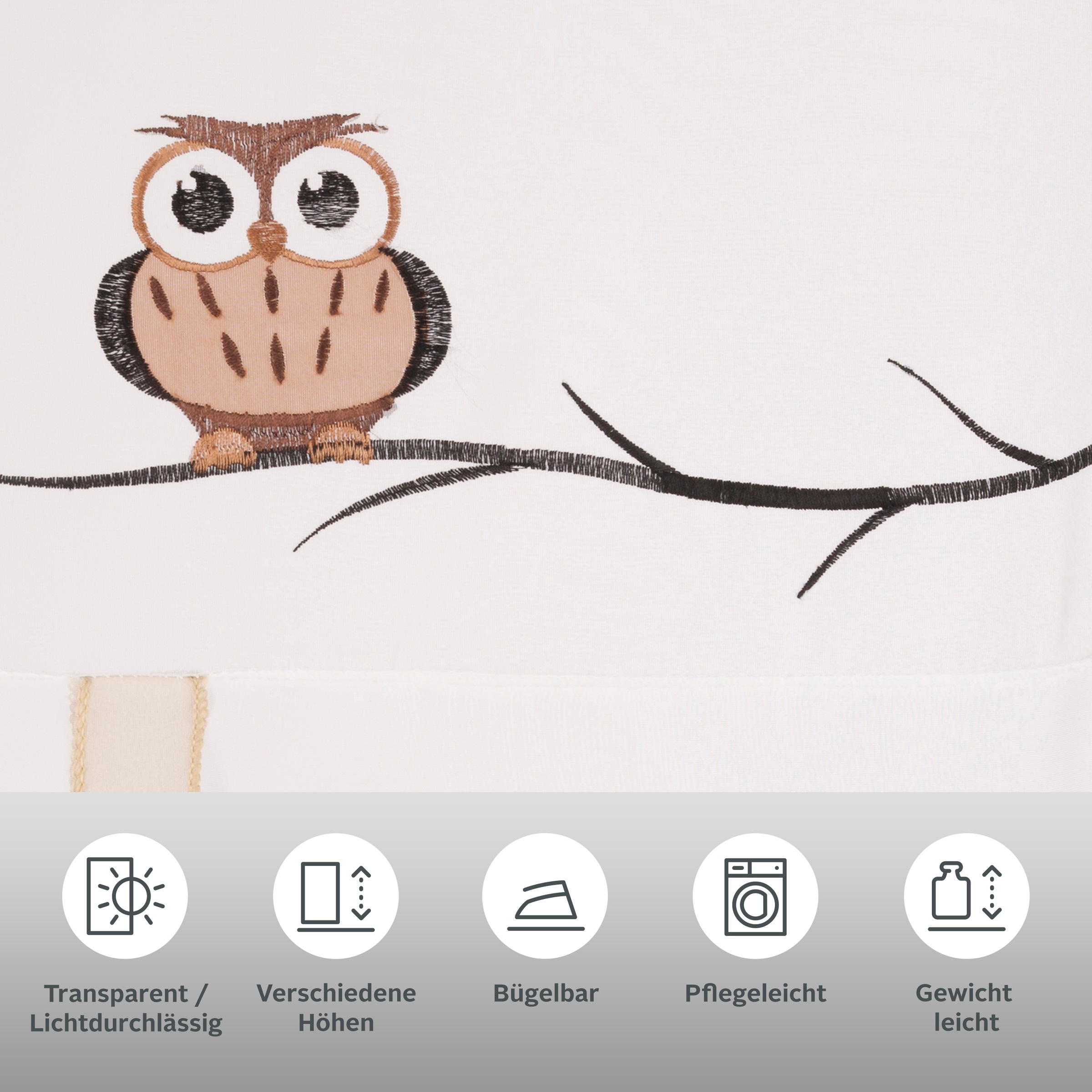 Thumbnail - my home Bindegardine "Java" Stangendurchzug 1 Stk. tlg. Fertiggardine, transparent, mit bestickten Eulen