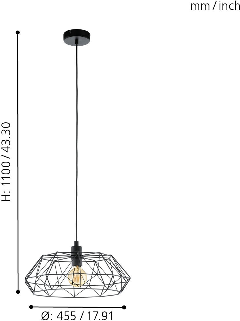 EGLO Hängeleuchte »CARLTON 2 Pendellampe, Stahl, E27, IP20, Retro, Wohnzimmerlampe, Lampe«, 1 flammig, Leuchtmittel E27 | ohne Leuchtmittel, Hängeleuchte, H110 x Ø45,5 cm, schwarz, 1X60W exkl.