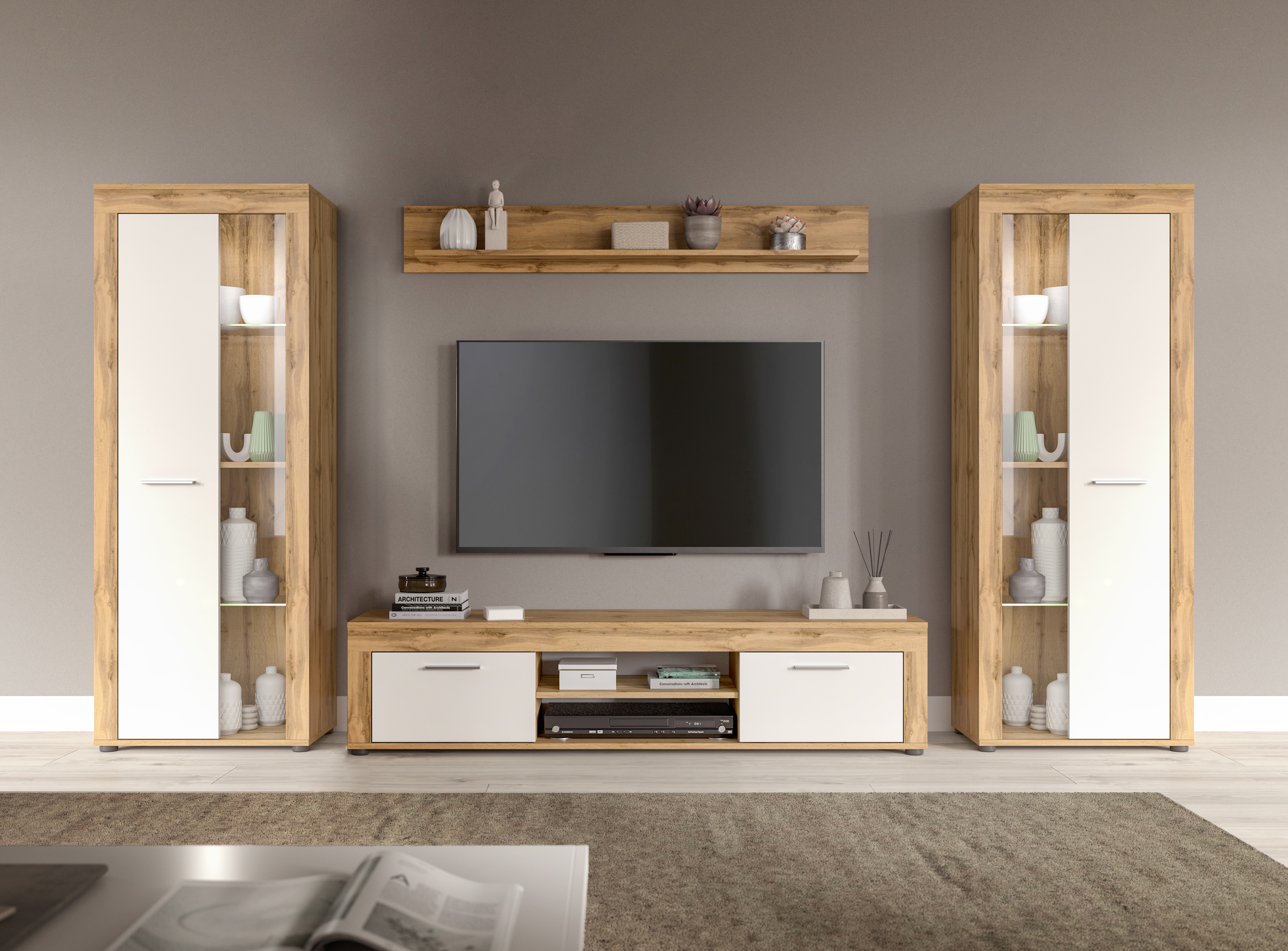 OTTO home Wohnwand "AOSTA, Breite 310cm, 4-teilige Wohn-Kombination" bestehend aus: 2x Vitrine, Lowboard, Wandboard