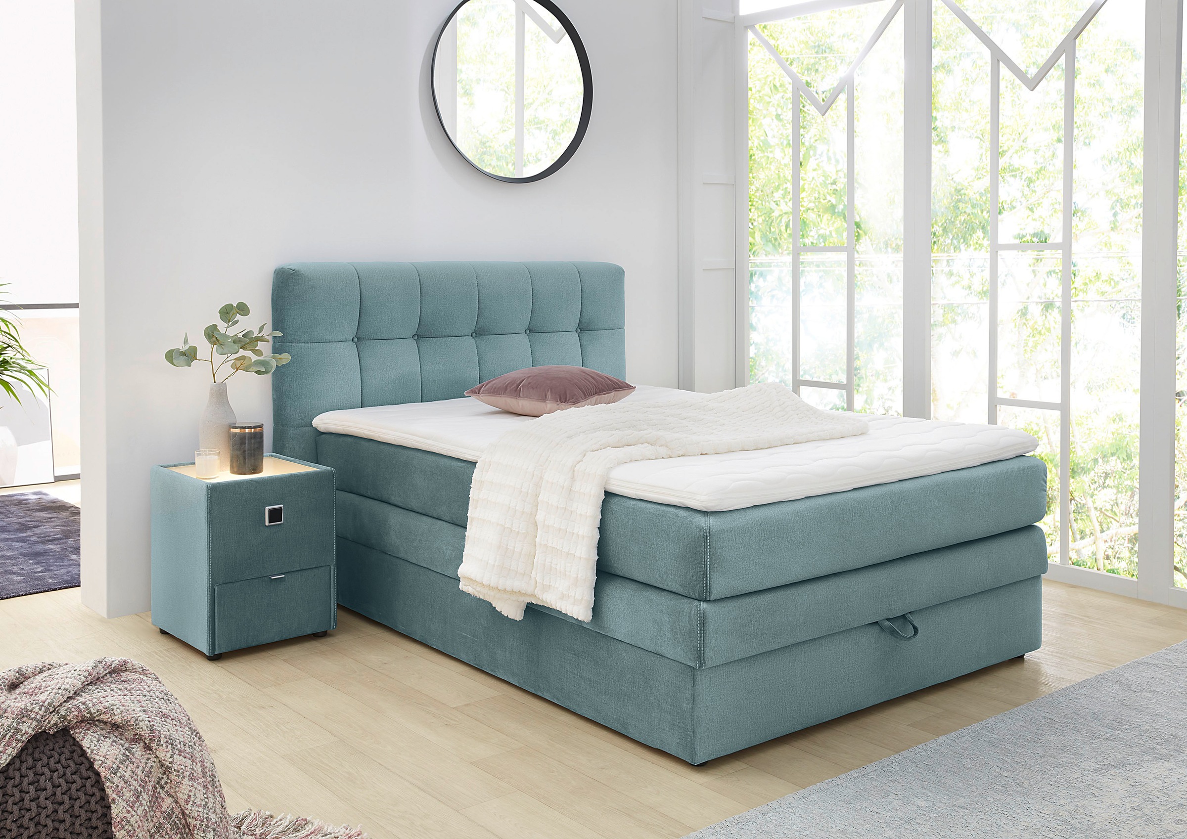Jockenhöfer Gruppe Boxspringbett "AMY mit Bettkasten, inkl. Bonnell- oder Taschenfederkernmatratze H2-H4" mit 6 cm Kaltschaum-Topper, Samt-Bezug, 120x200 und 140x200 cm