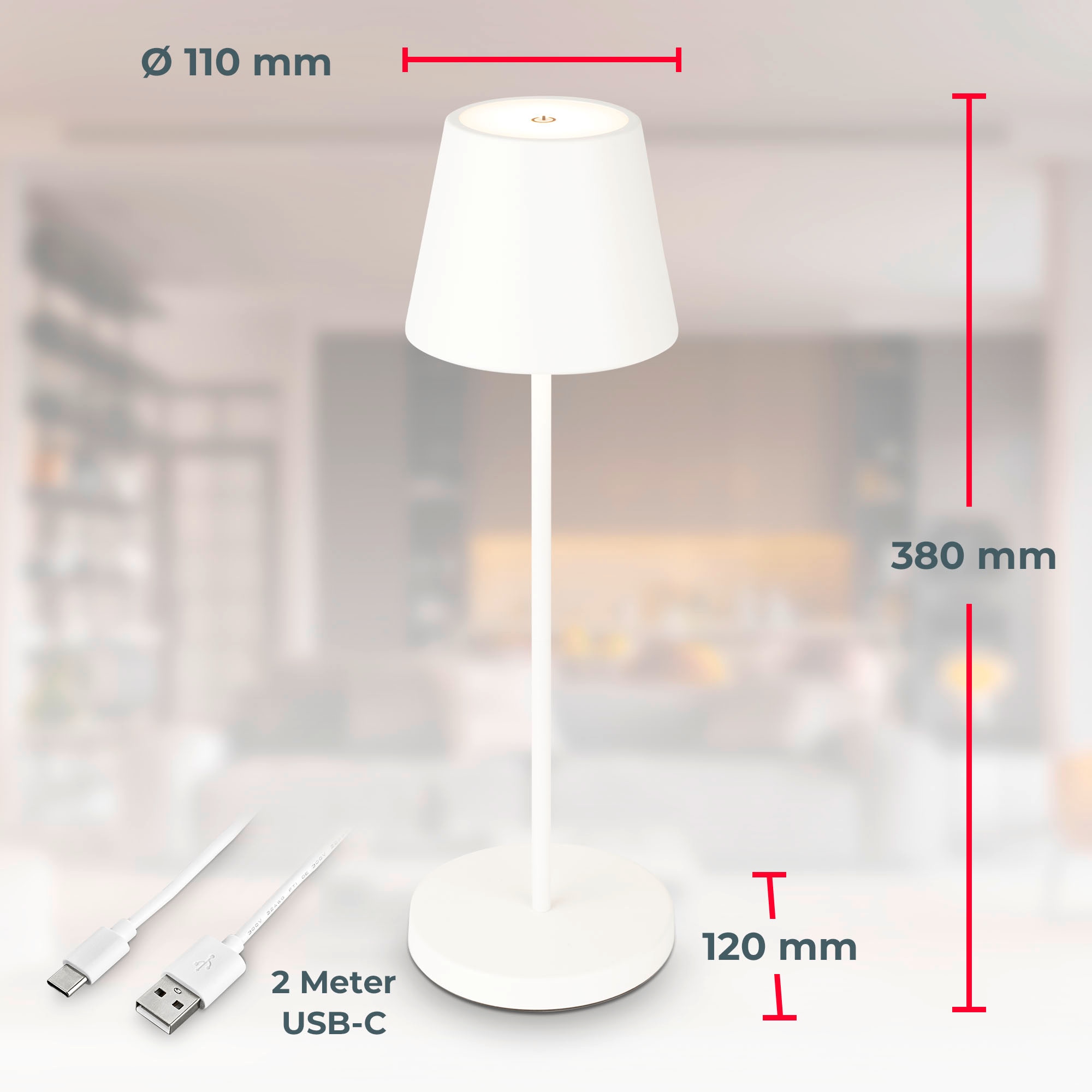 B.K.Licht Außen-Tischleuchte »LED Akku Tischleuchte mit Touchdimmer«, 1 flammig, Leuchtmittel LED-Modul | LED fest integriert, Kunststoff Metall mit USB Kabel und integrierter Batterie IP54 Ø12cm