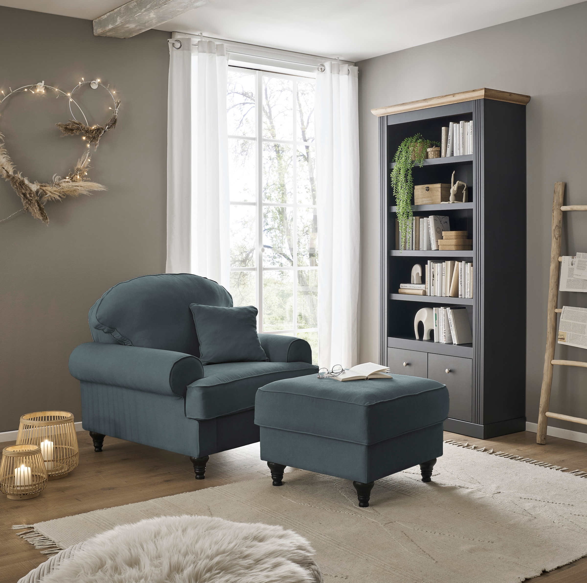 OTTO home Sessel "Westminster, Set in hochwertigem Microfaserbezug, 5 Farben verfügbar" Set, 1Sessel, 1 Hocker, 2 Stk. tlg. Enthält Sessel & Hocker, Federkern-Polsterung, gedrechselter Fuß