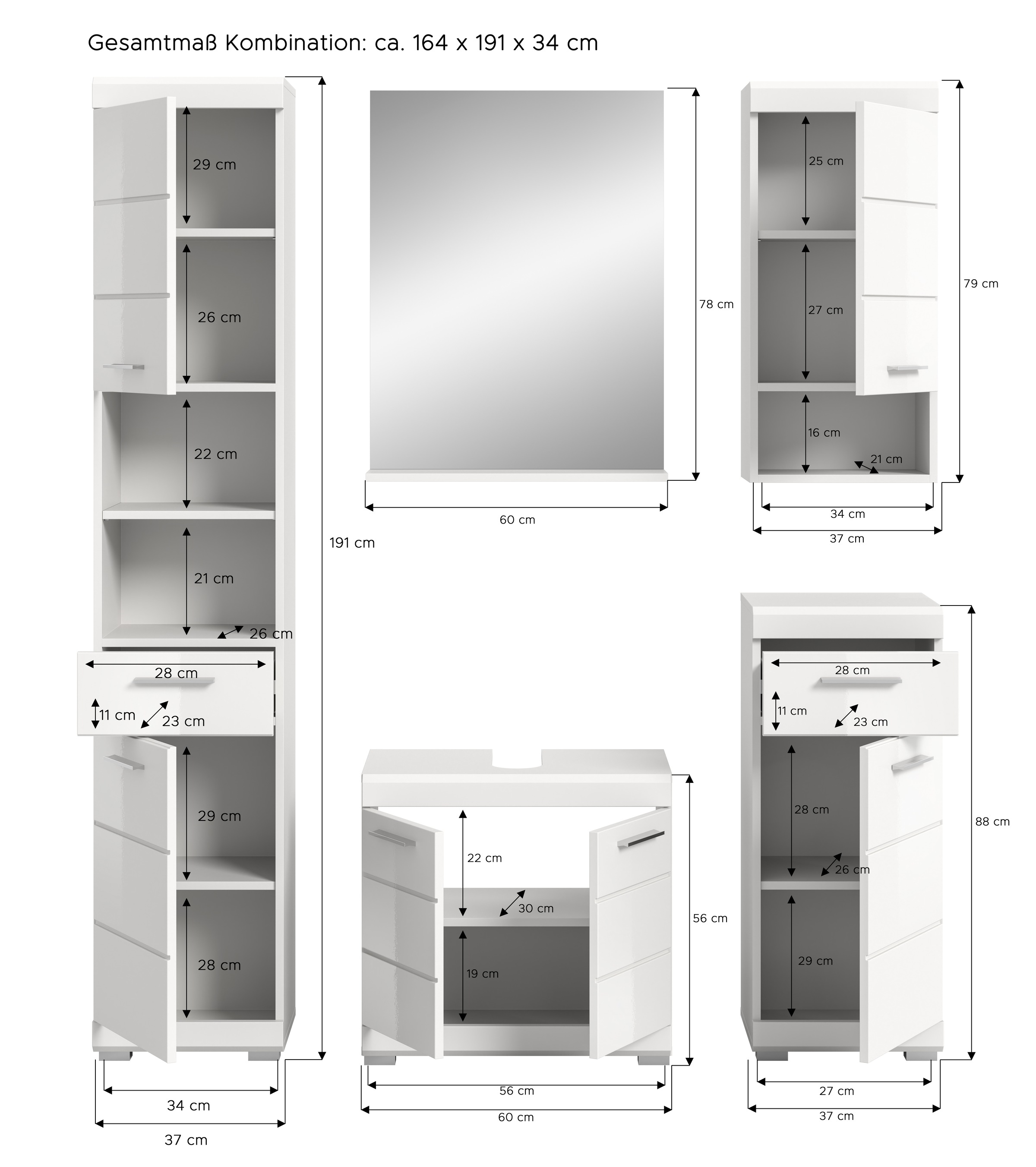 INOSIGN Badmöbel-Set »Siena, 5 teilig, bestehend aus:«, (Set, 5 St.), Hochschrank, WBU, Spiegel, Unterschrank, Hängeschrank