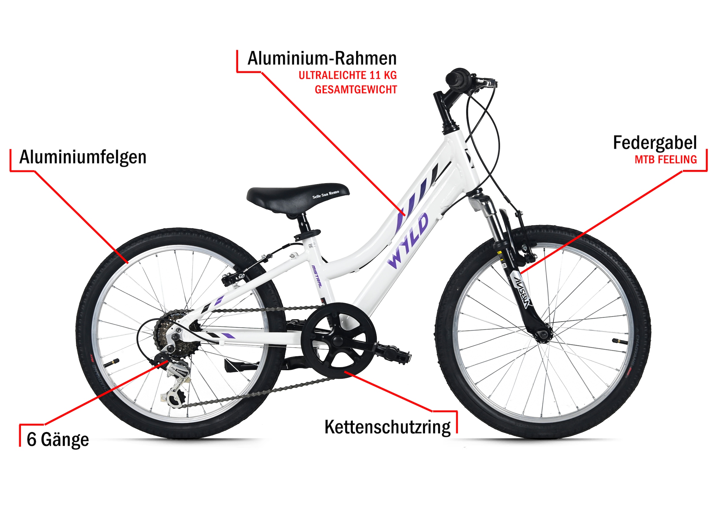 WYLD Kinderfahrrad »Mistral Weiß 6 Gänge RH 27 cm - Ab 6 Jahre« 6 Gang Kettenschaltung