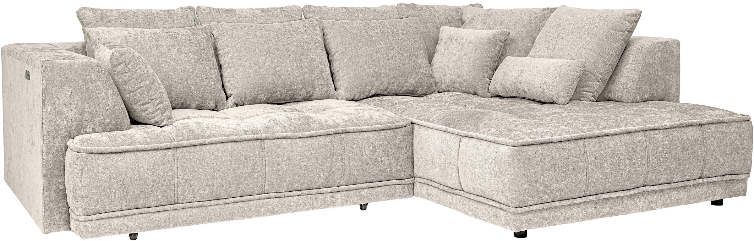 WERK2 Ecksofa »Tiga, Komfortsofa mit elekt. Auszugsfunktion, bequem, L-Form« Pure Wohlfühlgarantie: Ausziehbare Sitztiefe, XXL-Ottomane & Kissen.