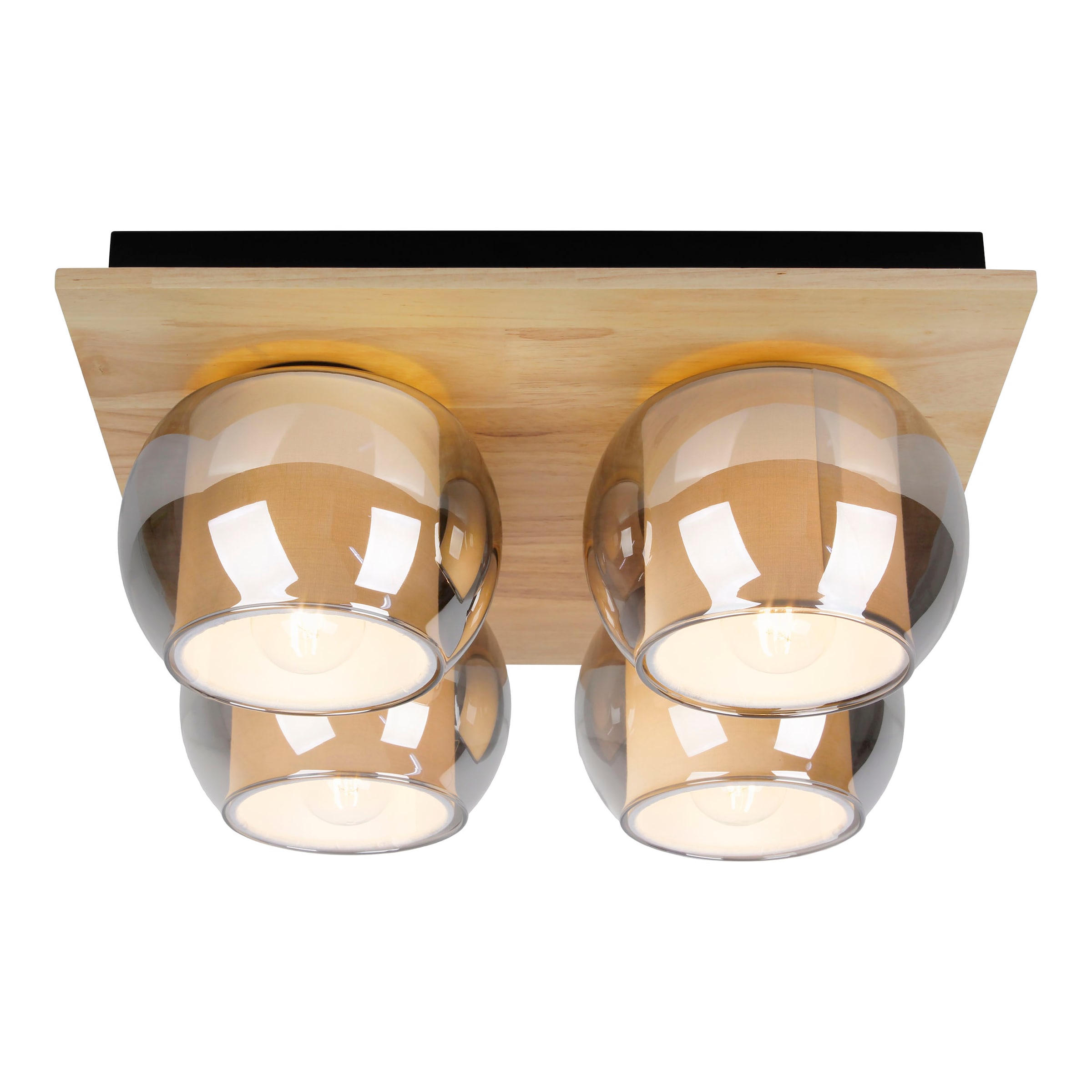 näve Deckenleuchte »Texas« E27 1 Stk. Glasschirme smokey, naturfarbenes Holzdetail, 4x E27, quadratisch