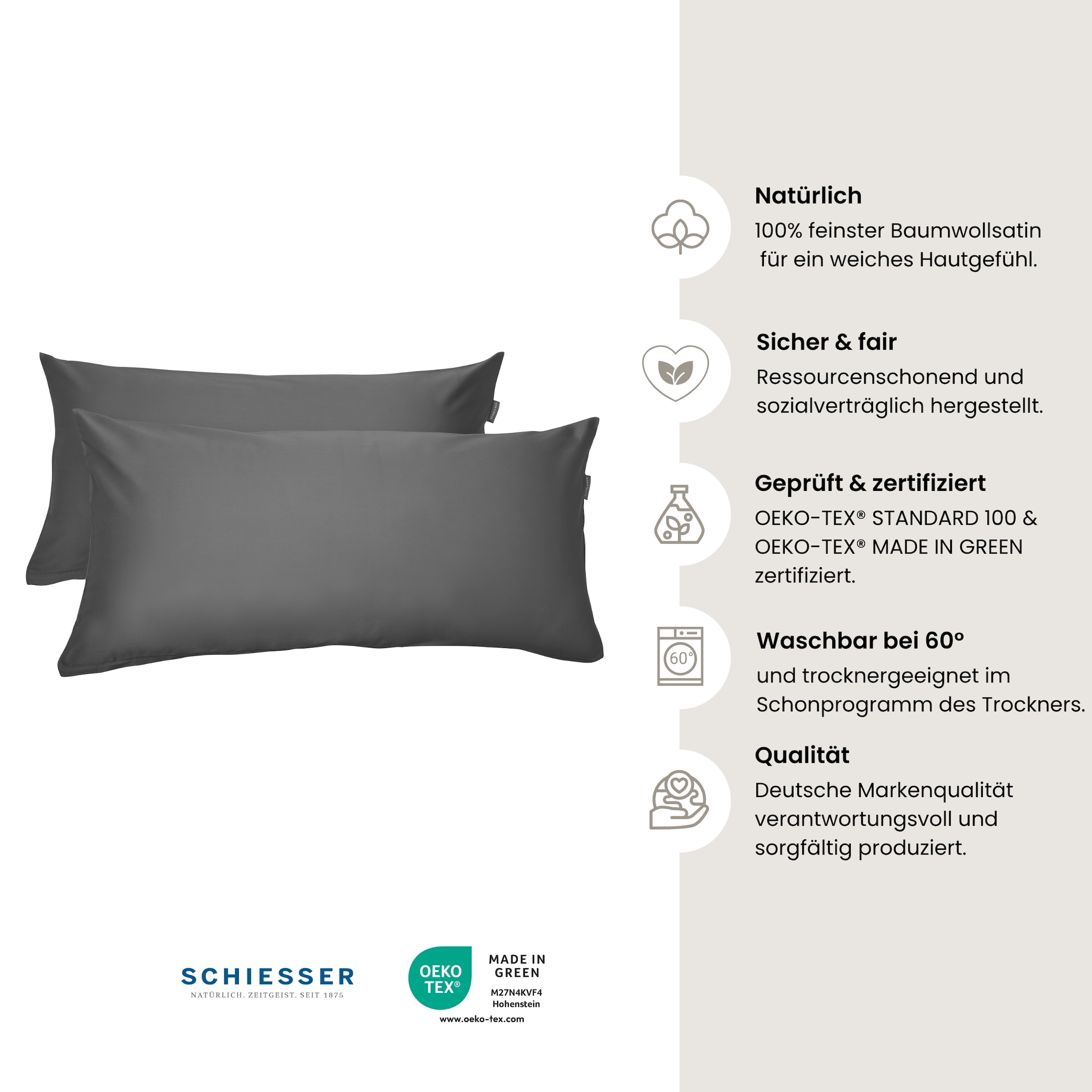 Schiesser Kissenhülle »Ella Premium Kissenhüllenset aus feinstem Baumwollsatin, 40x80 cm«, (2 St.), Made in Green