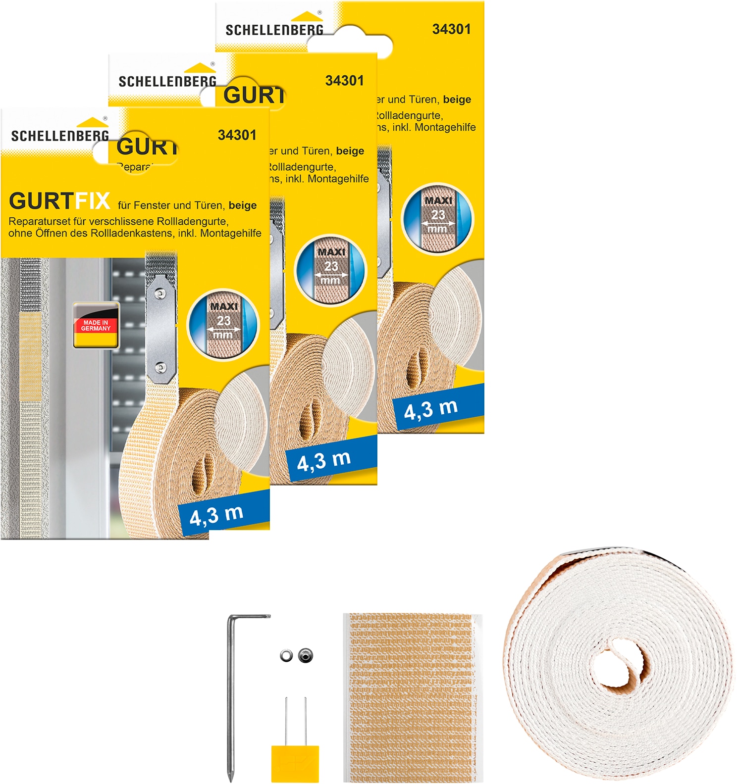 SCHELLENBERG Reparatur-Set "Rollladen Gurtfix für das Rollladensystem Maxi" Set, 3 Stk. tlg. für alte Gurtbänder in unterschiedlichen Farben, 23 mm x 4,3 m