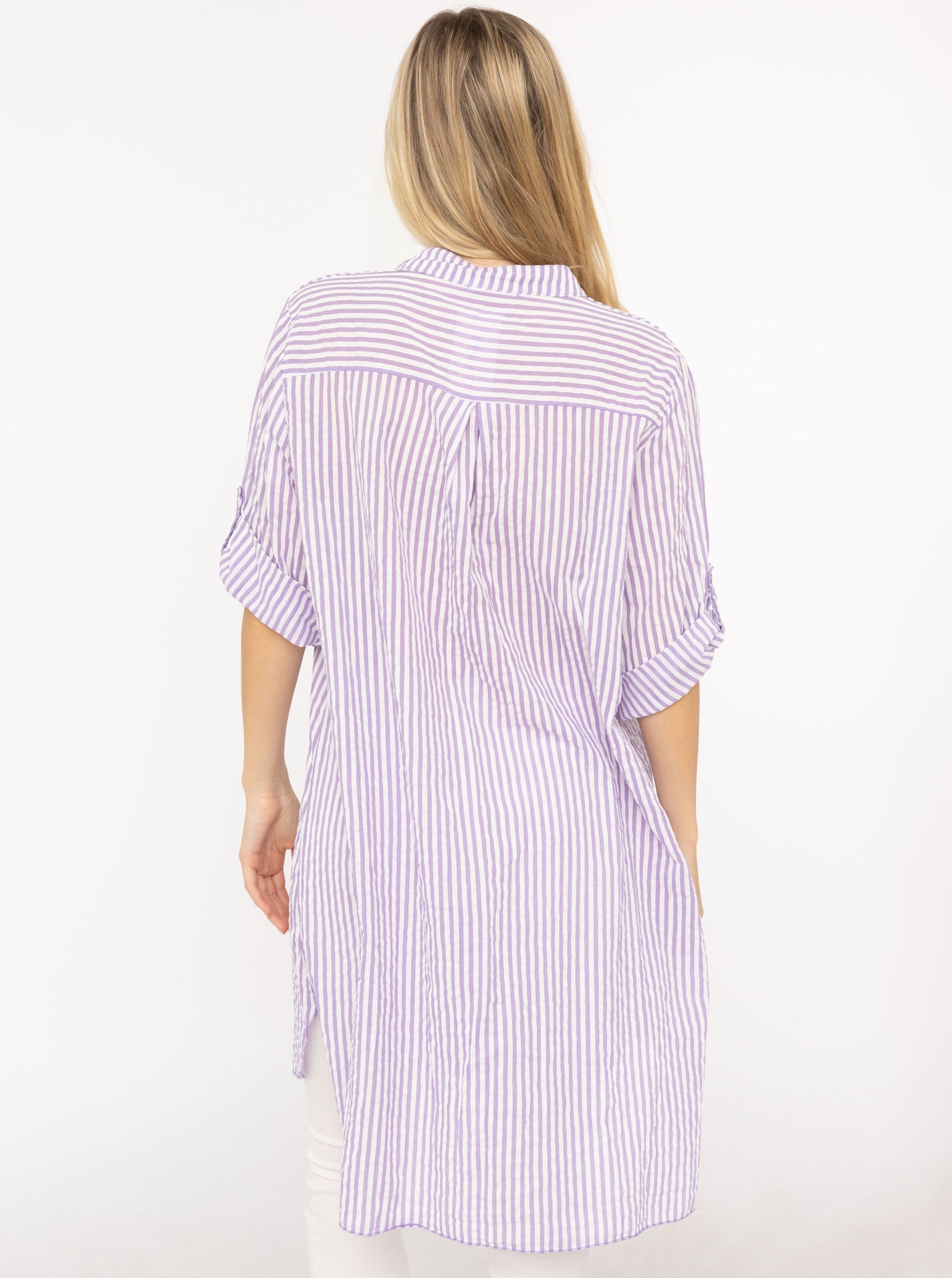 Thumbnail - Zwillingsherz Longbluse ""Kida"" One Size, Streifen, Knopfleiste, Brusttaschen, 3/4-Arm