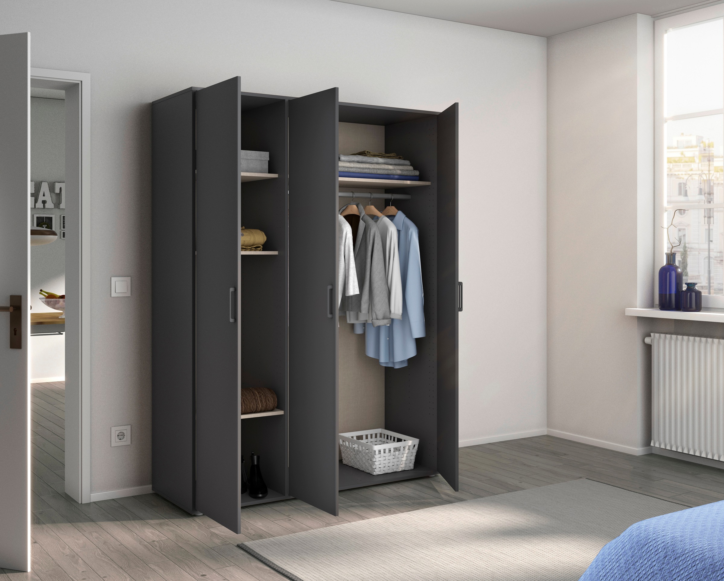 rauch Drehtürenschrank »Kleiderschrank Schrank Garderobe Wäscheschrank TOPSELLER VOYAGER«, mit modernen Griffen in Graumetallic, viel Stauraum MADE IN GERMANY