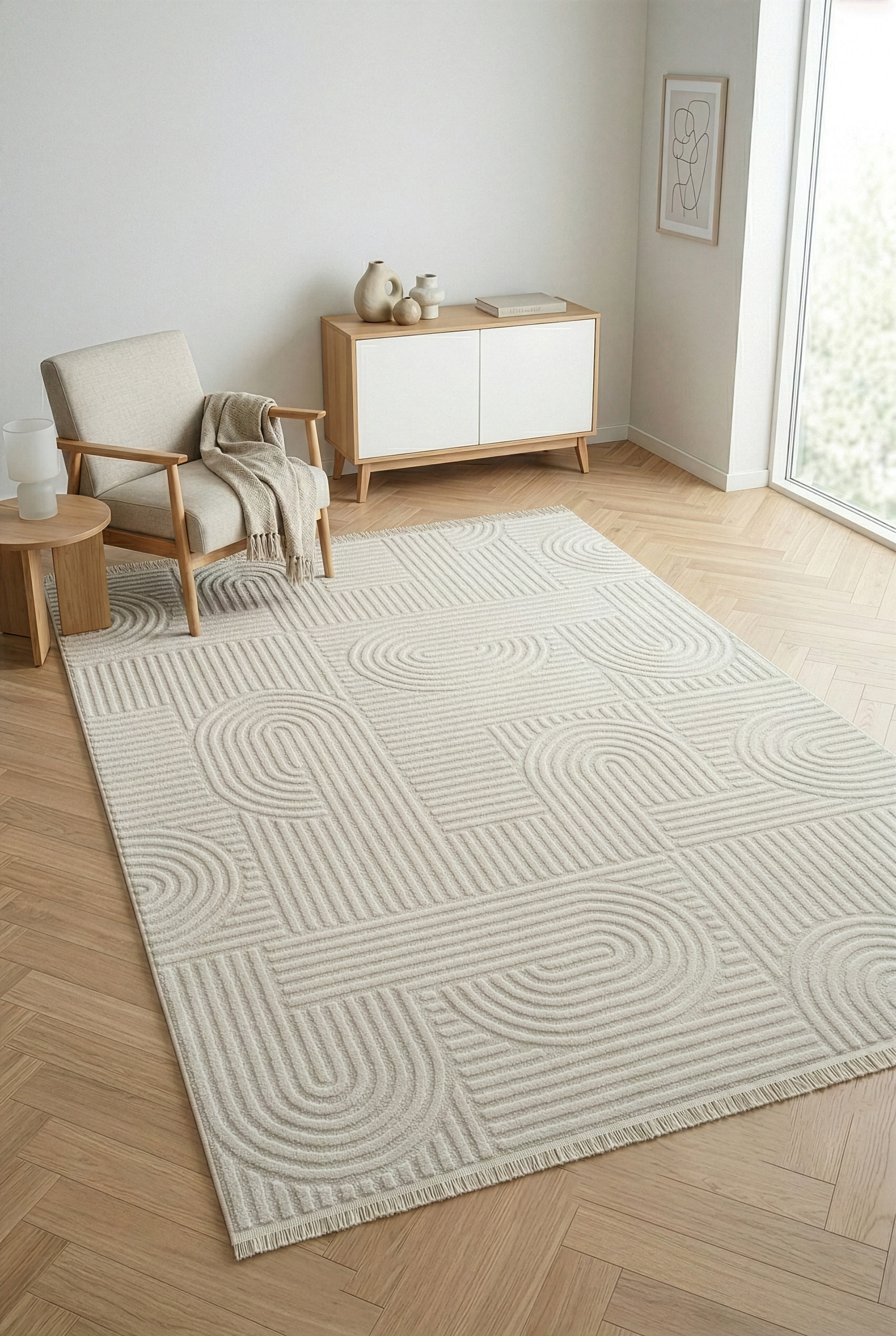 OTTO home Teppich »Jonnis, mit Fransen, Boho-Design, Scandi, Designteppich« rechteckig 9 mm Höhe Hoch-Tief, 3D Optik, skandinavischer Stil, Wohnzimmer, Schlafzimmer
