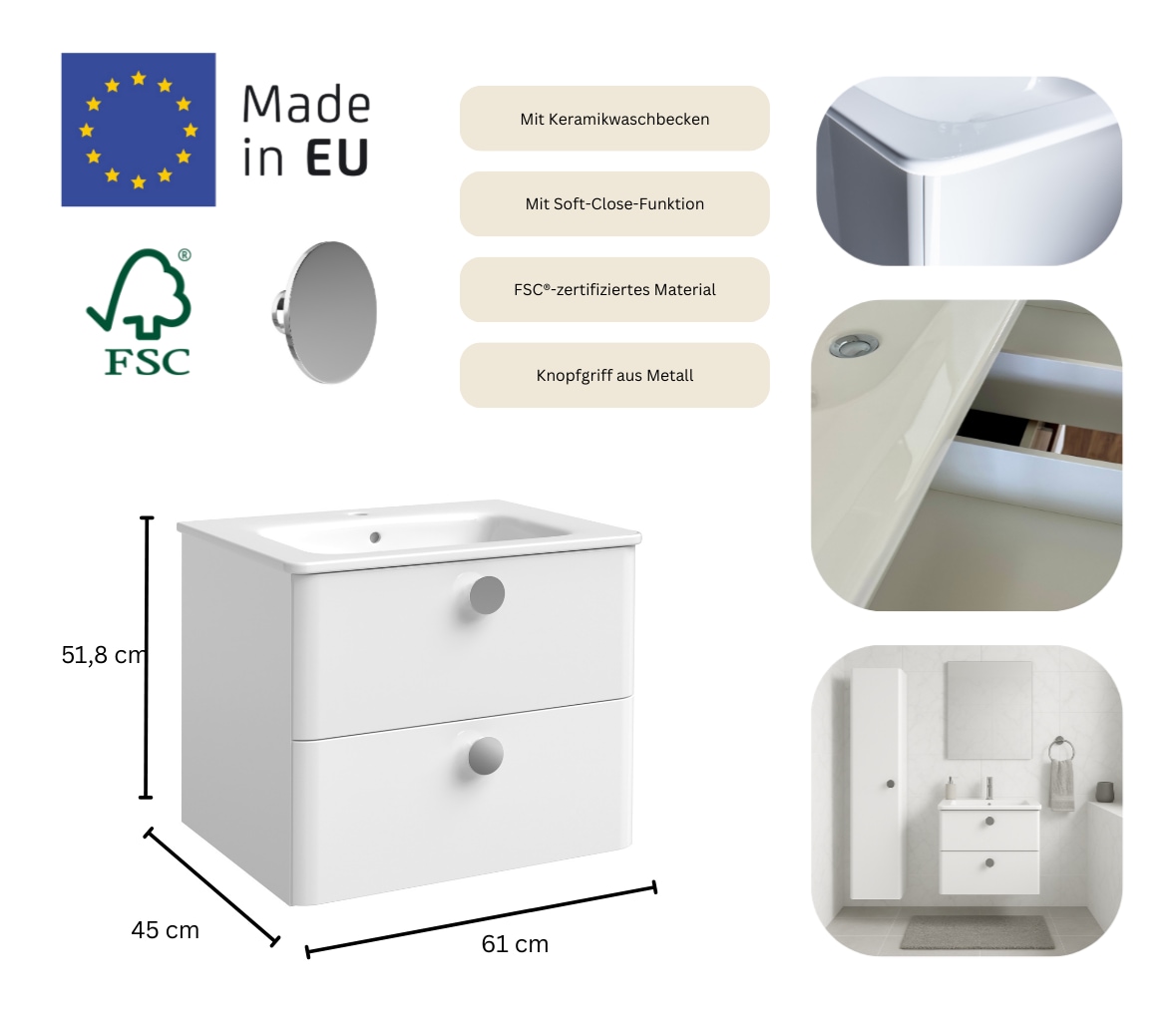 welltime Waschtisch »Round« FSC®-zertifiziert, (2 Breiten: 61/81 cm H/T ca .51,8/45cm)