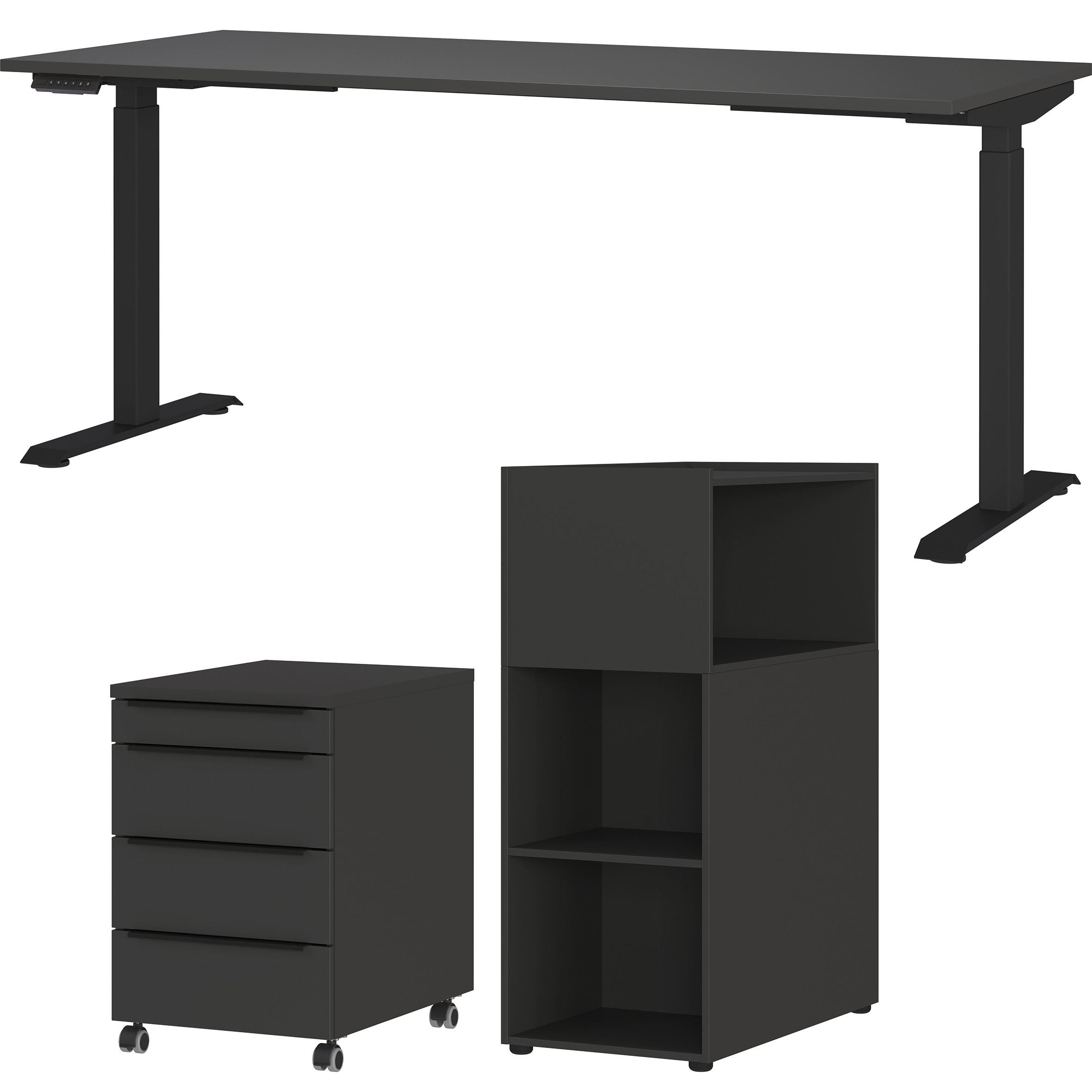 Büromöbel-Set GERMANIA, grau, Holzwerkstoff, Metall, Arbeitsmöbel-Sets, "Mailand", inkl. Schreibtisch, Rollcontainer und Raumteiler