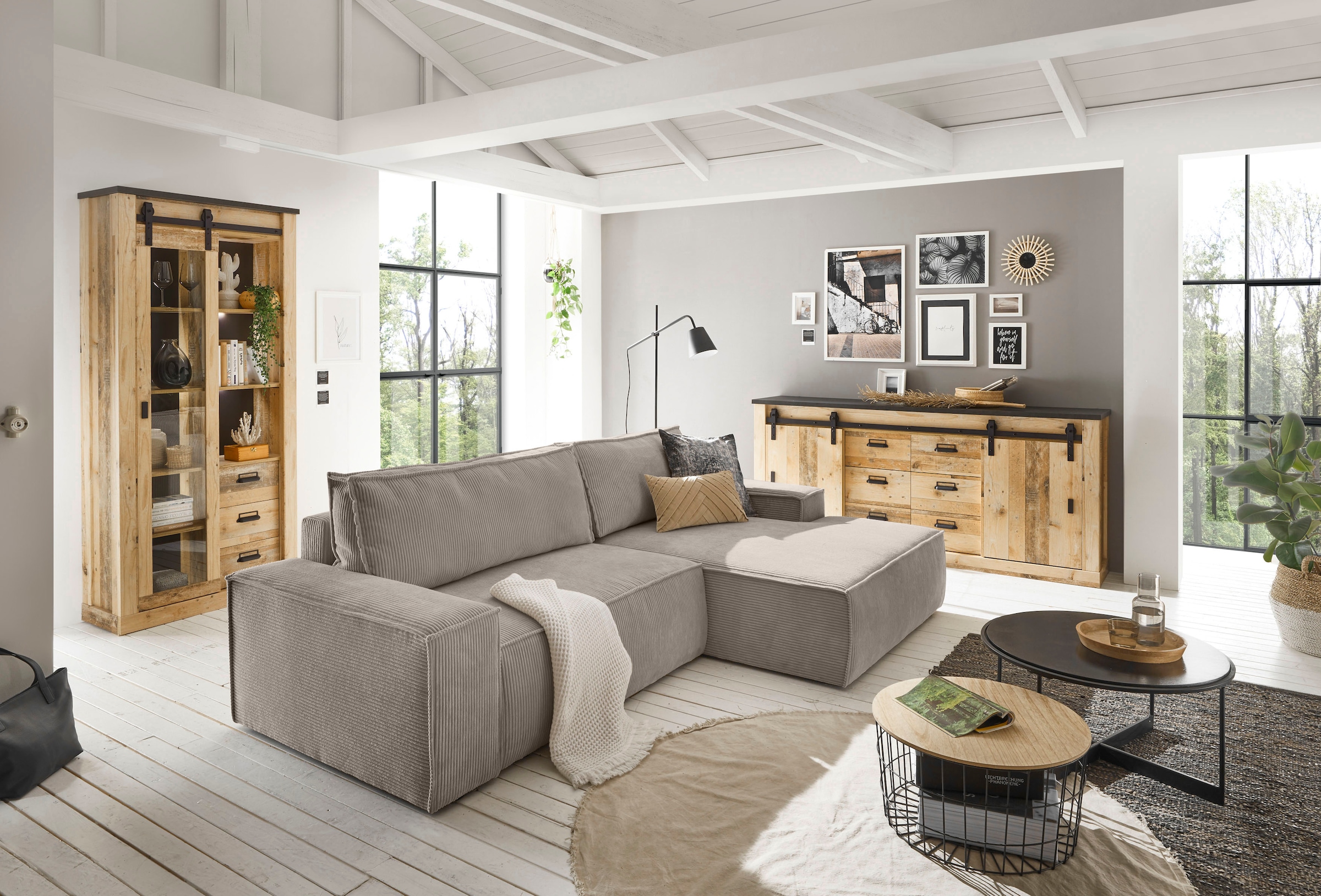 Home affaire Ecksofa »SHERWOOD Schlafsofa 267 cm, L-Form,« Schlaffunktion mit Bettkasten (210x136 cm), Cord, Vintage, Samtvelours