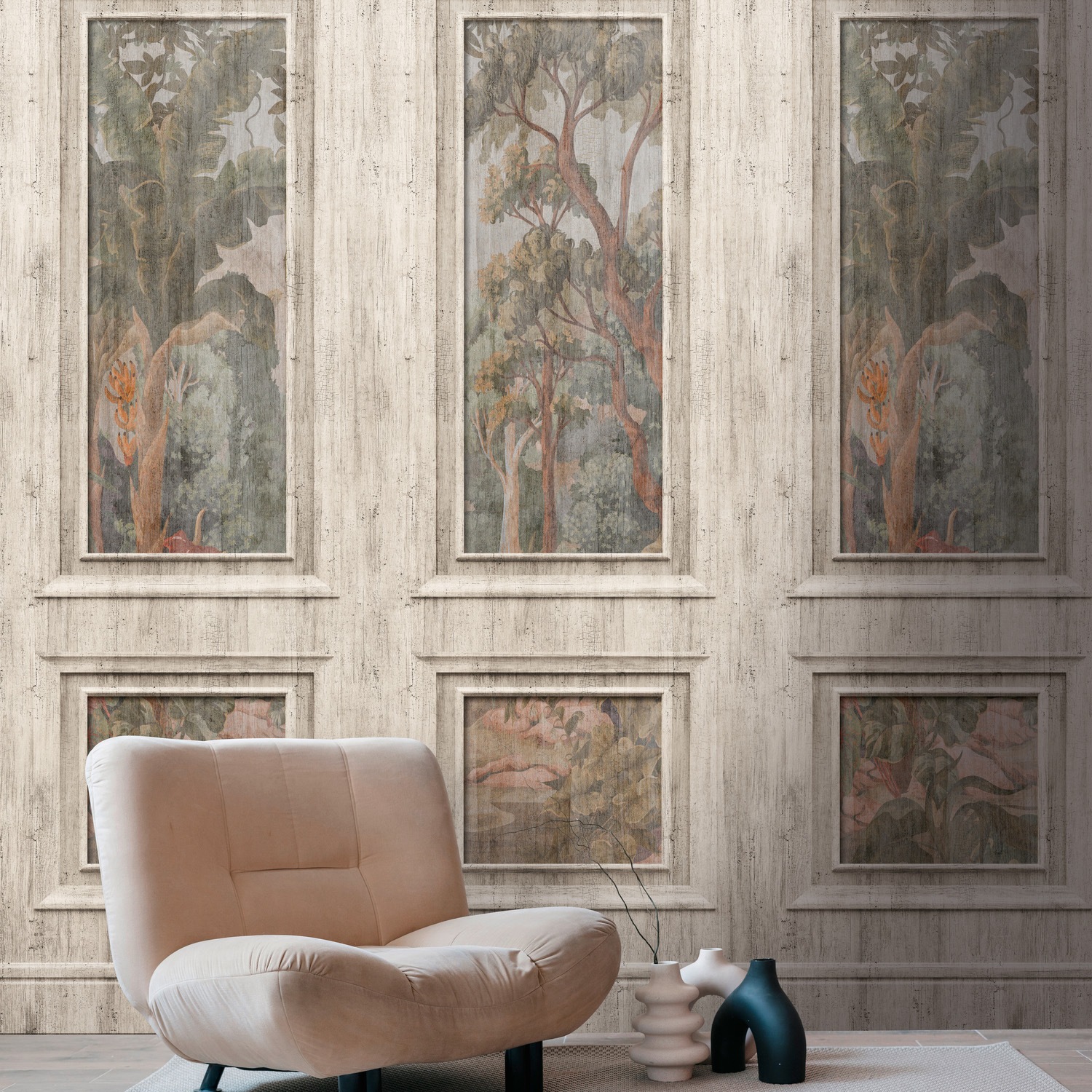 living walls Fototapete "Wallpanel Tapete Wandpaneele Motivtapete Wald Landhaus" matt strukturiert Vliestapete Holz-Optik für Schlafzimmer Küche Wohnzimmer Wandpaneele