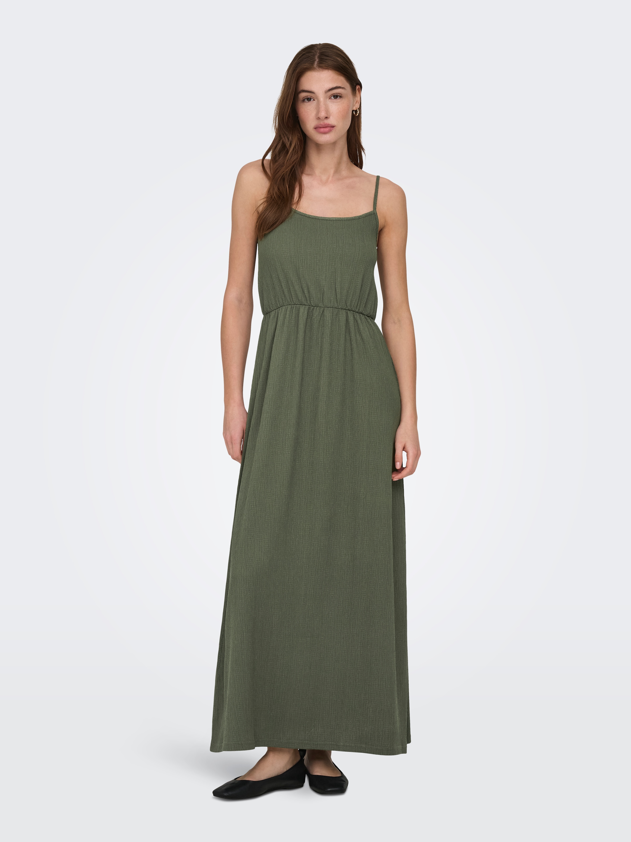 Maxikleid ONLY "ONLALTA S/L LONG STRAP DRESS PNT ZLO", Damen, Gr. M, N-Gr, kalamata, Web, Obermaterial: 98% Polyester, 2% Elasthan, unifarben, regular fit lang, Rundhals, Kleider Maxikleid