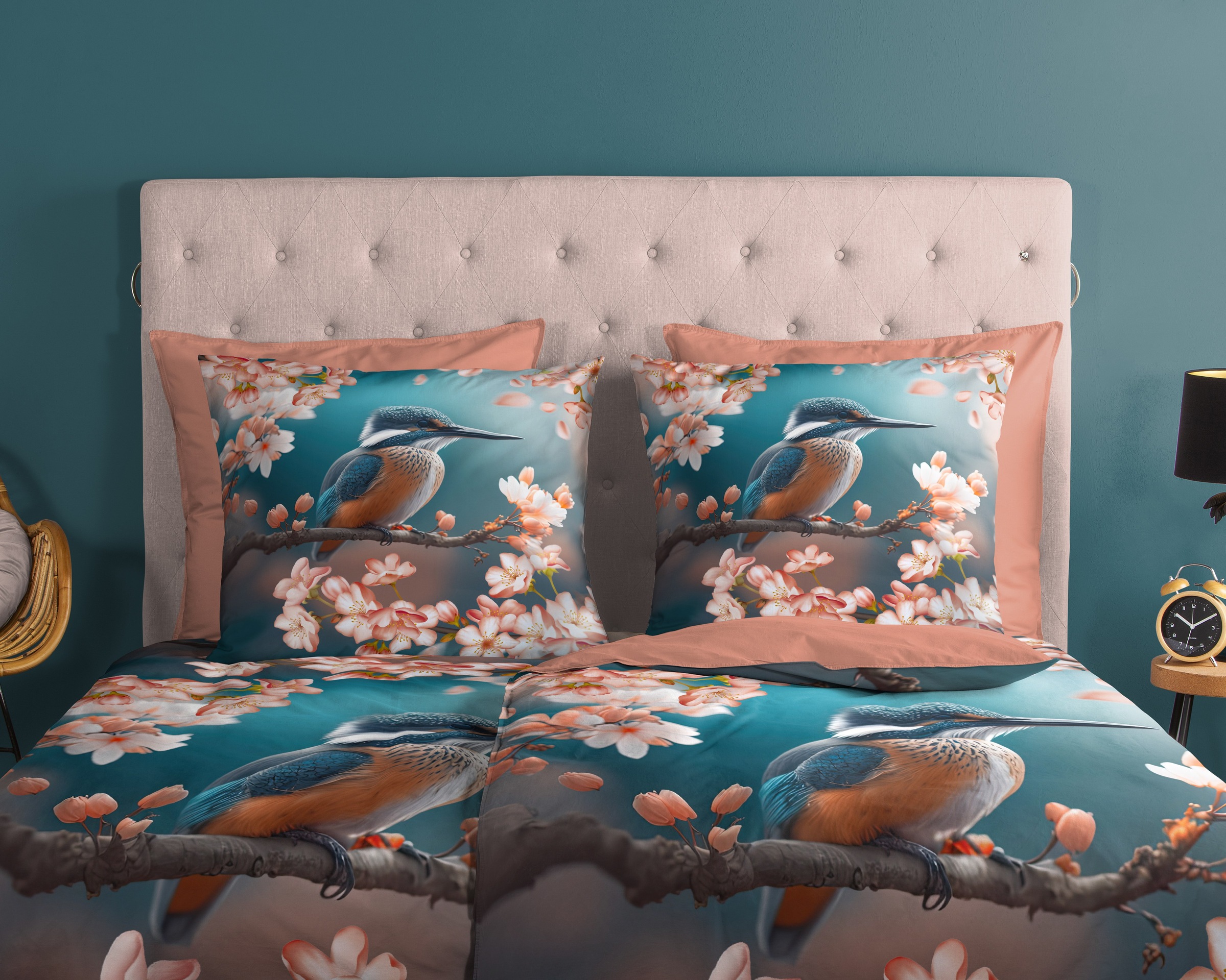 good morning Wendebettwäsche »Monti«, 100% Baumwolle, Renforcé, Reißverschluss, Wendeoptik, Blumen, Eisvogel