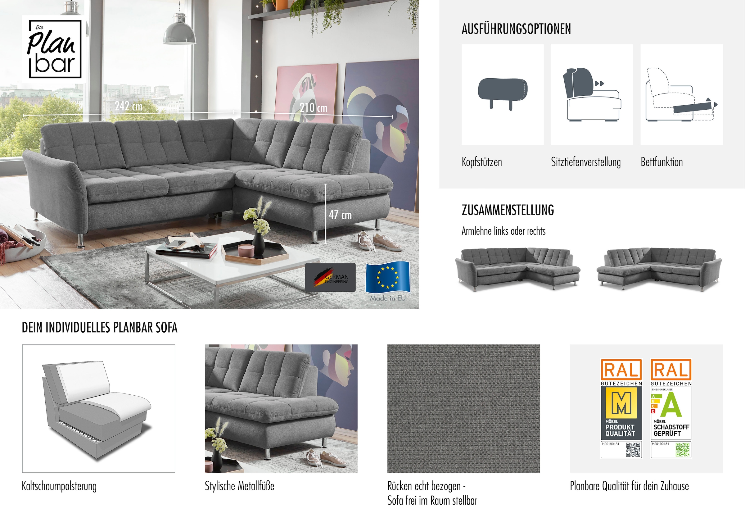 Die PlanBar Ecksofa »MP-IN20016 L-Form mit Kaltschaum-Polsterung«, wahlweise mit Kopfstützen und Bettfunktion, mit Kaltschaum-Polsterung