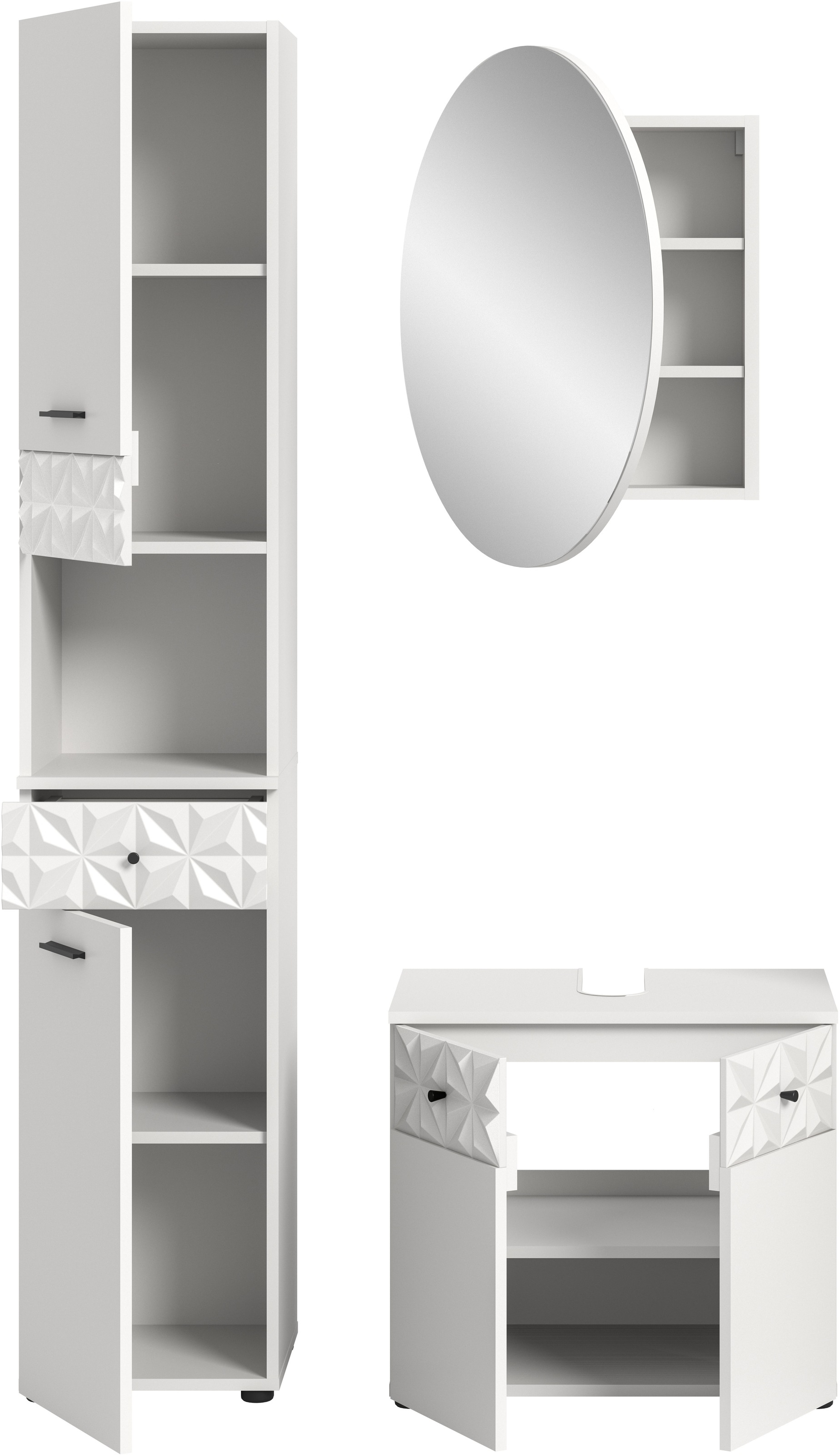 INOSIGN Badezimmer-Set »VICENZA, TOPSELLER!, Breite 110cm, 3-teilig, mit Ornamentabsetzung«, (best. aus: Hochschrank, Waschbeckenunterschrank und Spiegelschrank), Hochschrank, Waschbeckenunterschrank und Spiegelschrank