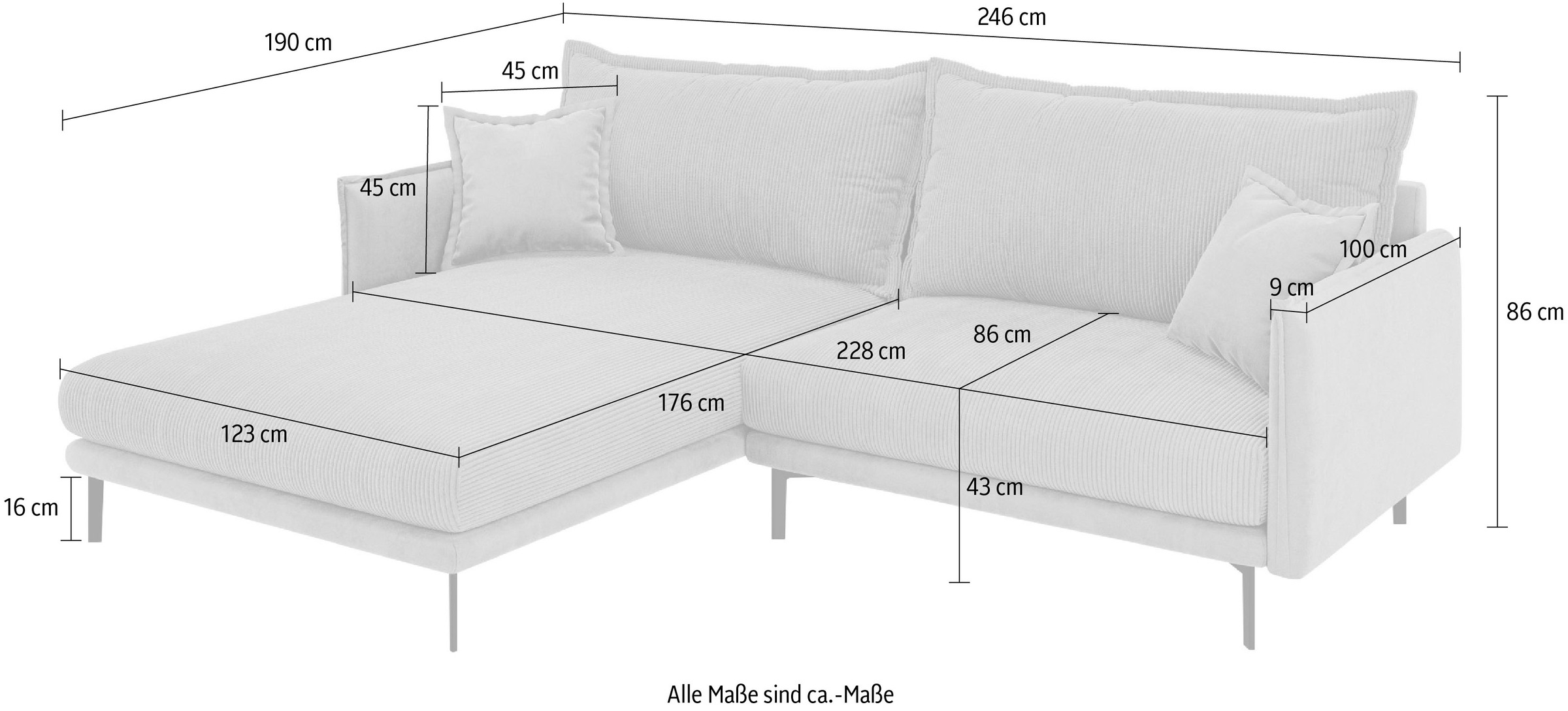 INOSIGN Ecksofa »ALEXANDRIA mit Recamiere rechts oder links bestellbar, moderne Bezüge«, L-Form mit Wellenunterfederung, Maße: B/H/T 246/86/190 cm
