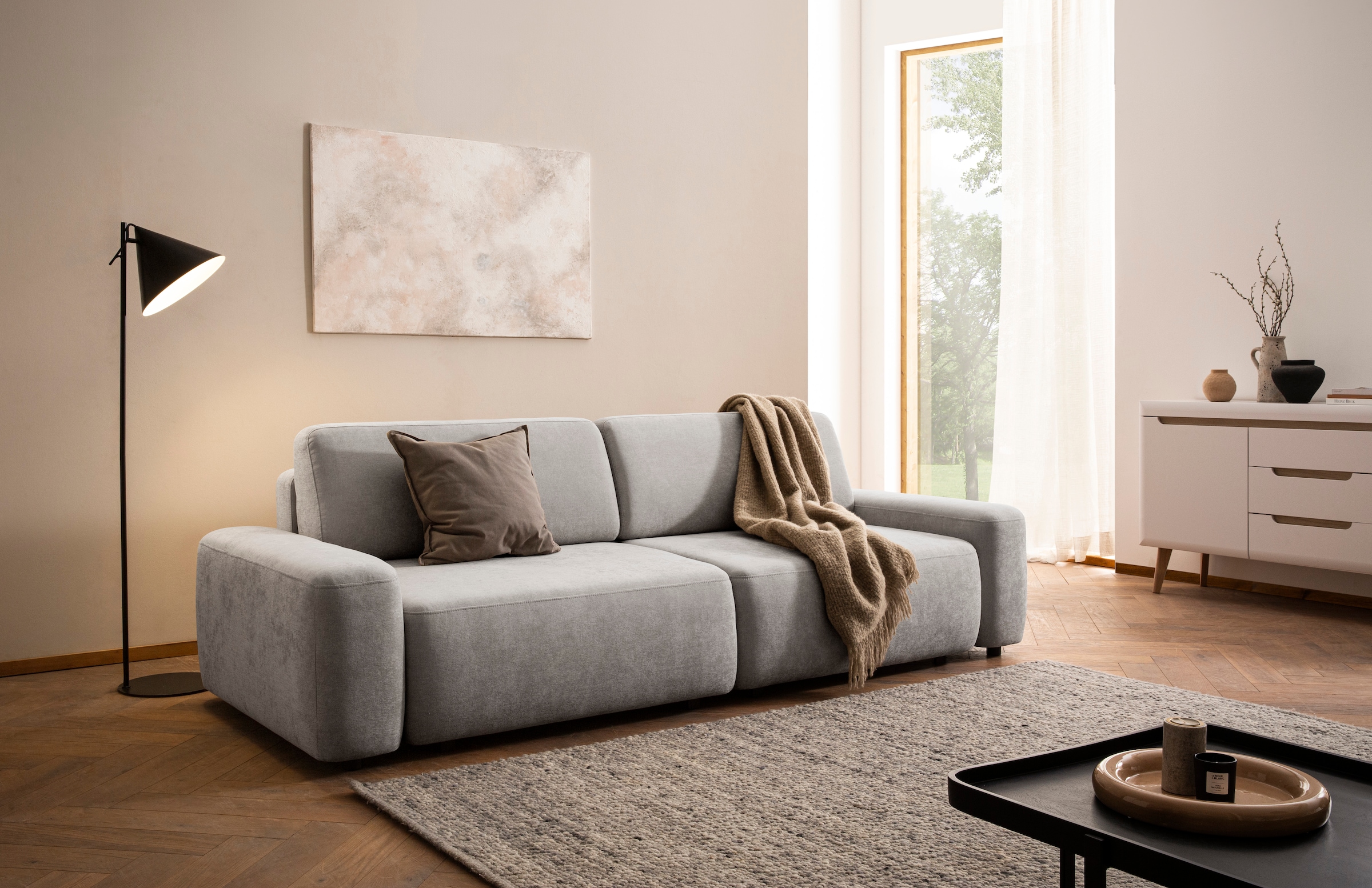 INOSIGN 3-Sitzer »TORGE (257cm), Sofa,Schlafsofa in Cord, Samtvelours, Struktur fein«, rundes Design, Schlaffunktion u. Bettkasten, Liegefläche: 135/200 cm