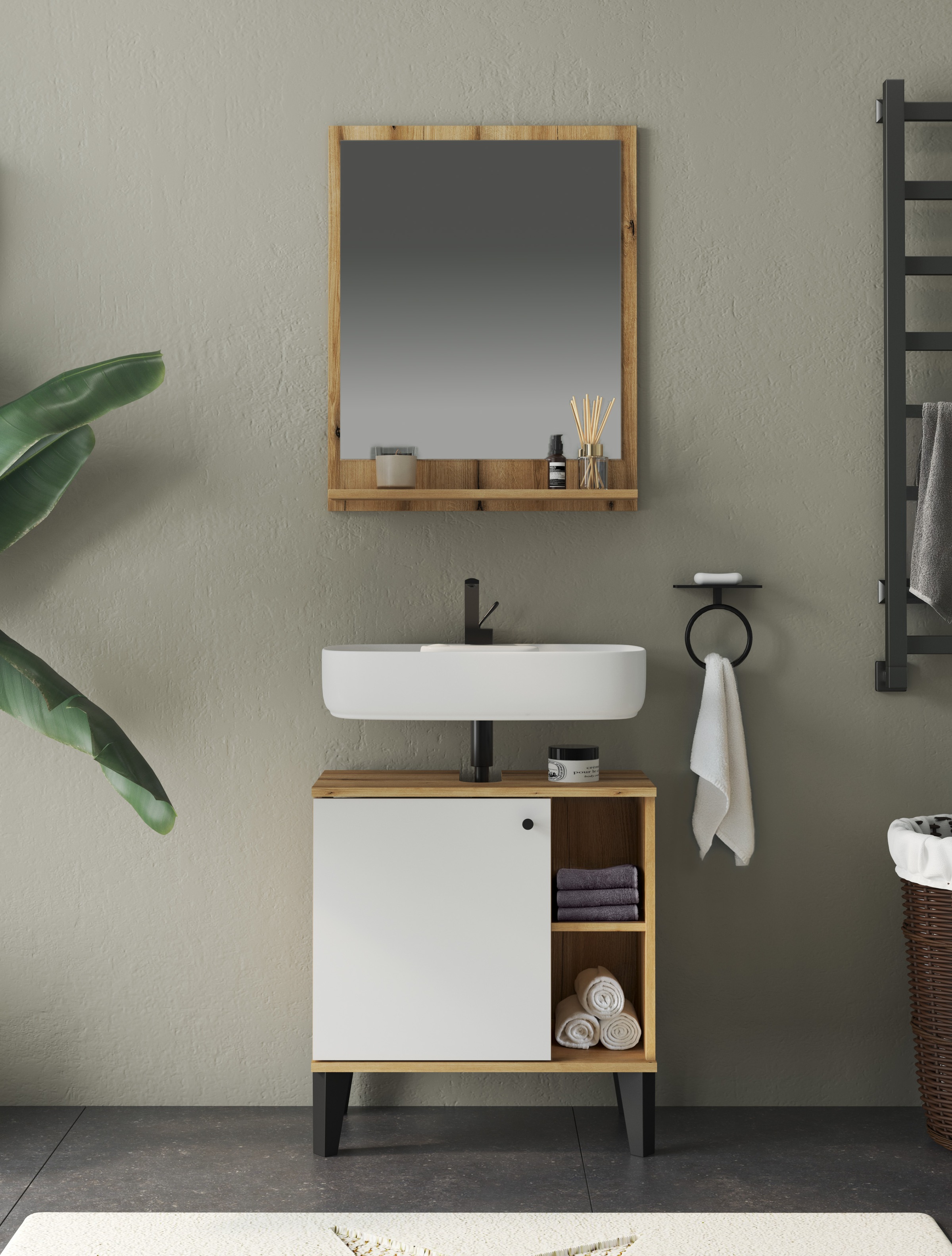 INOSIGN Badmöbel-Set »OSLO, Bad im skandinavischen Design«, (Set, 1 St.), Badschränke und Spiegel, in zwei Farben verfügbar, viel Stauraum