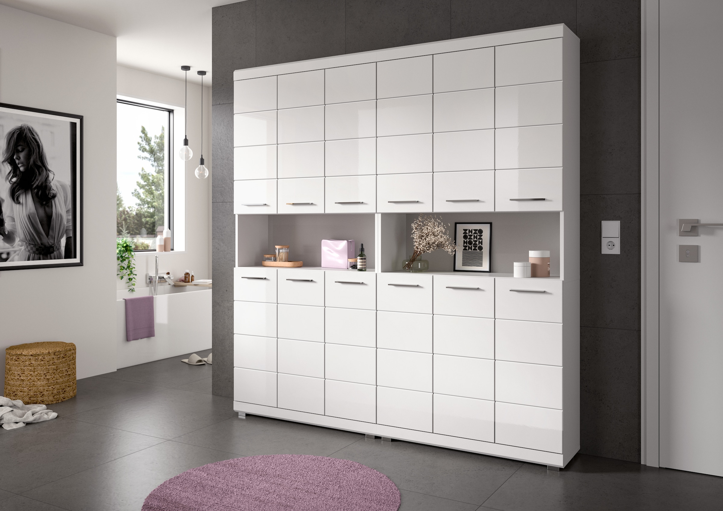welltime Hochschrank »SIENA, Höhe 191cm, 6 Türen, 1 offenes Fach, 8 Einlegeböden, MDF-Front« TOPSELLER! Viel Stauraum,  Badmöbel, Badschrank, Badezimmer, Mehrzweckschrank, Universalschrank