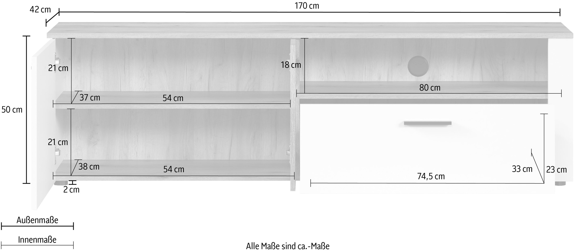 INOSIGN TV-Schrank »Linz«, (1 St.), Lowboard in Weiß/Eiche mit Hirnholzapplikationen - 170/42/50 cm