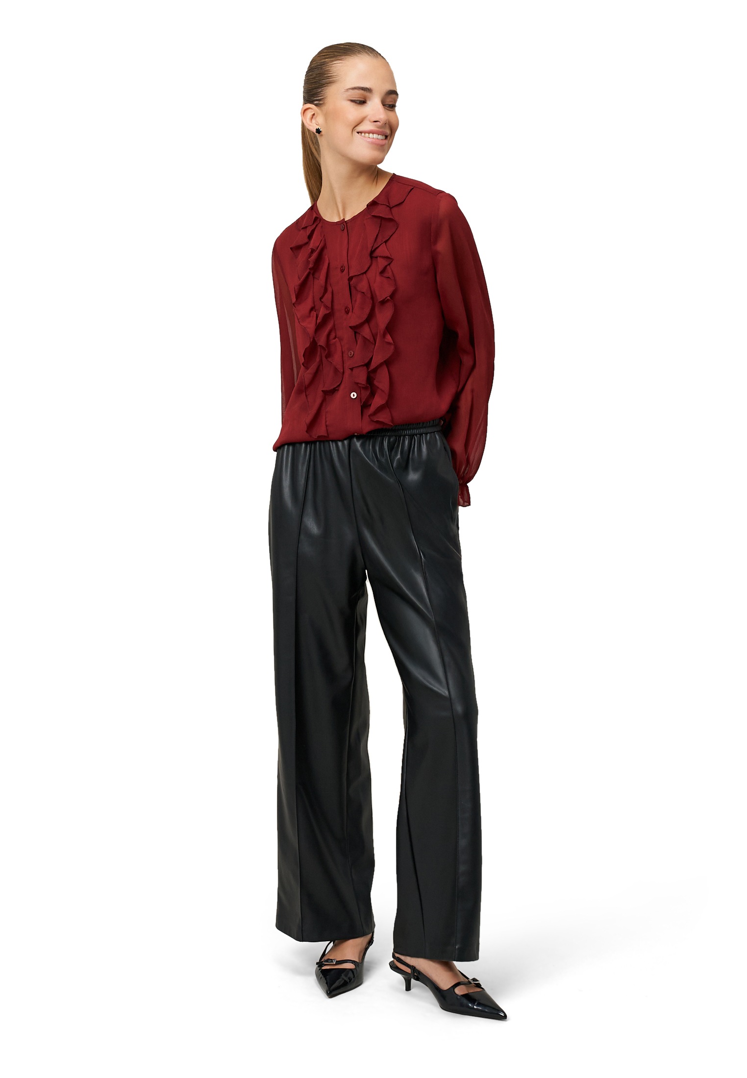 Chiffonbluse ZERO "Damen mit Volants", Damen, Gr. 40, cabernet, Chiffon, Obermaterial: 60% Polyester, 40% Polyester, durchscheinend, festlich, figurbetont normal, Rundhals, weit Bündchen mit Gummizug, Blusen Chiffonbluse 3