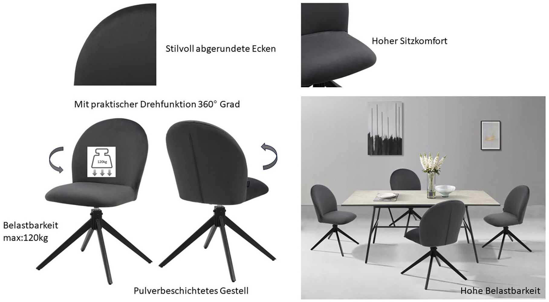 Home affaire Esszimmerstuhl »Tempa, TOPSELLER!«, (Set), 2 St., Samtvelours, Drehstuhl mit 360 Grad Drehfunktion