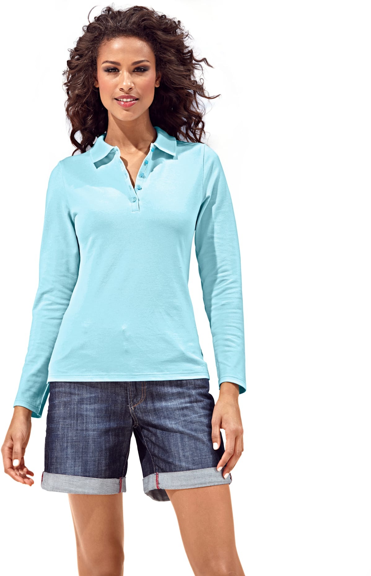 Poloshirt HEINE "Poloshirt", Damen, Gr. 40, blau (türkis), 95% Baumwolle, 5% Elasthan, unifarben, Shirts